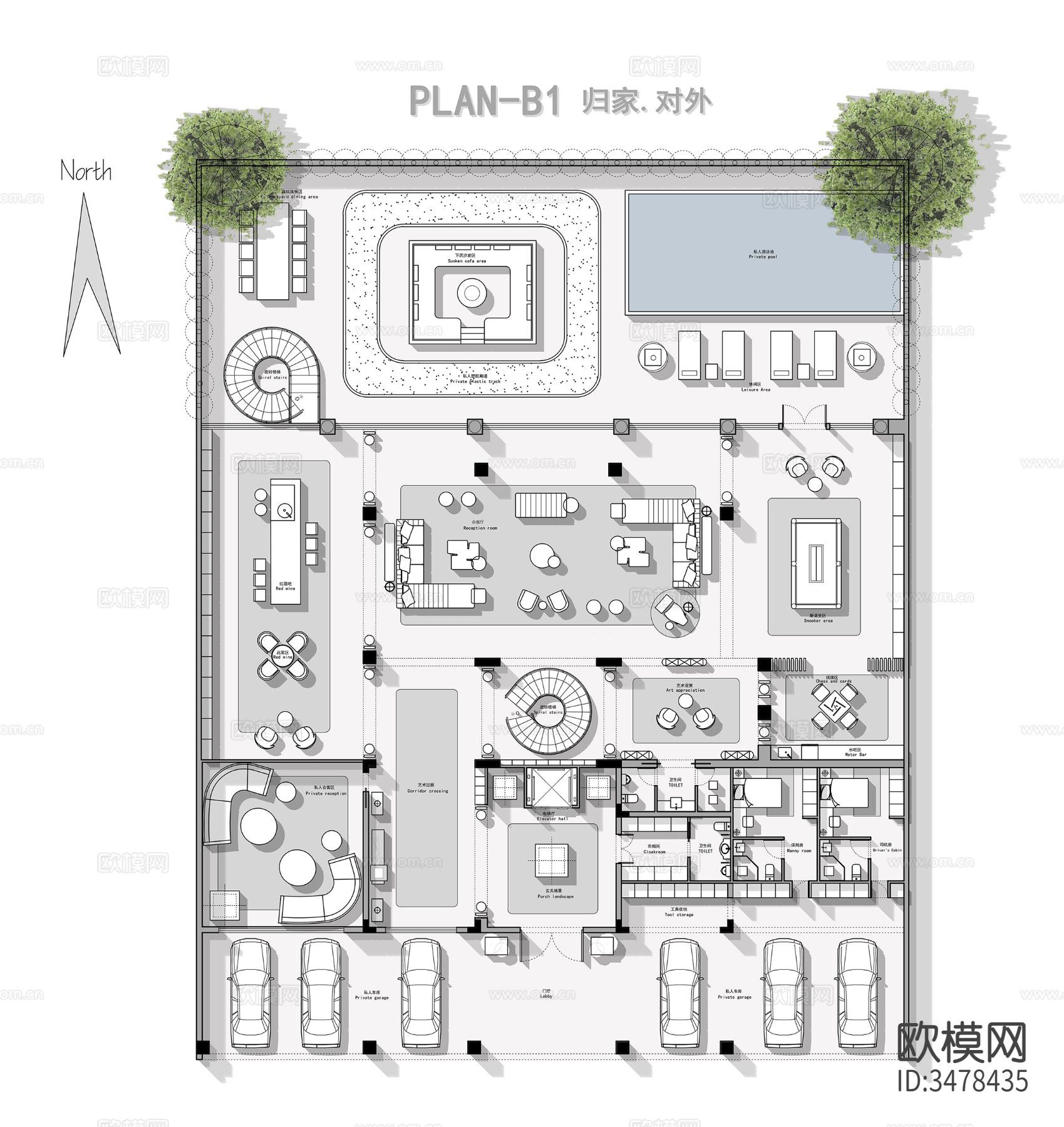 现代独栋别墅CAD平面图下载（渲染图1）