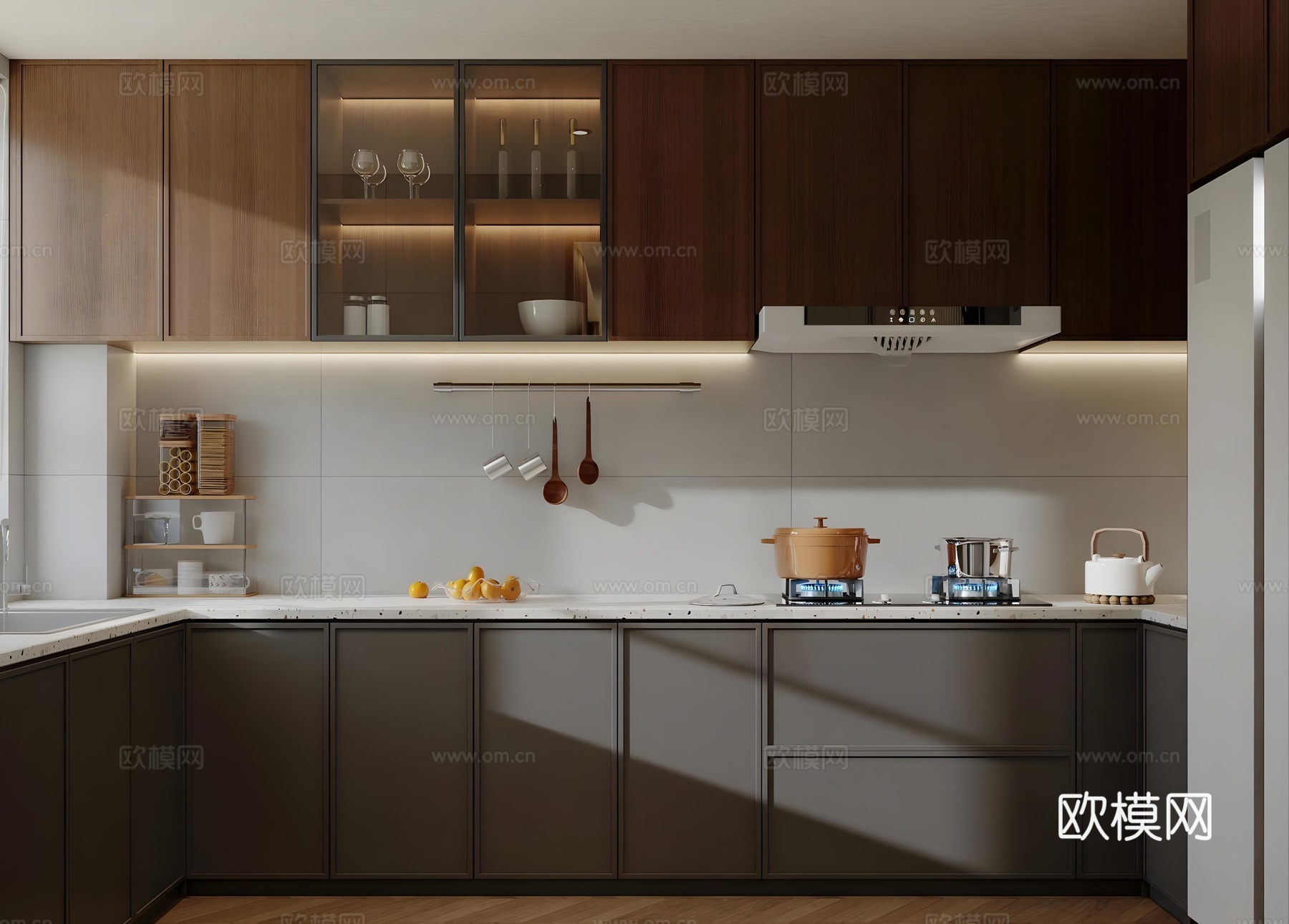 现代中古封闭式厨房 复古风封闭式厨房 u型厨房 厨房用品组合su模型下载（渲染图1）