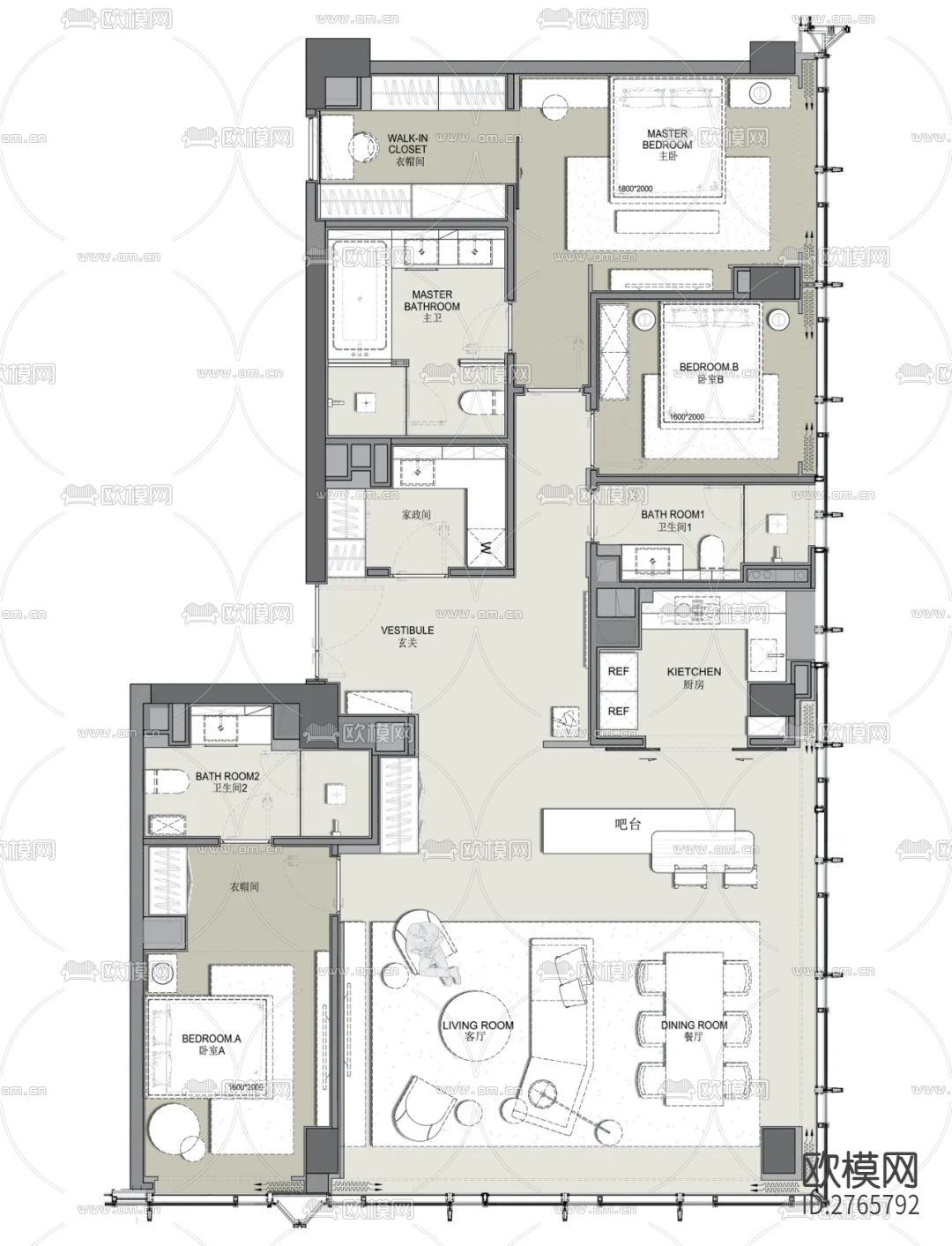 家装平层cad施工图下载（渲染图6）