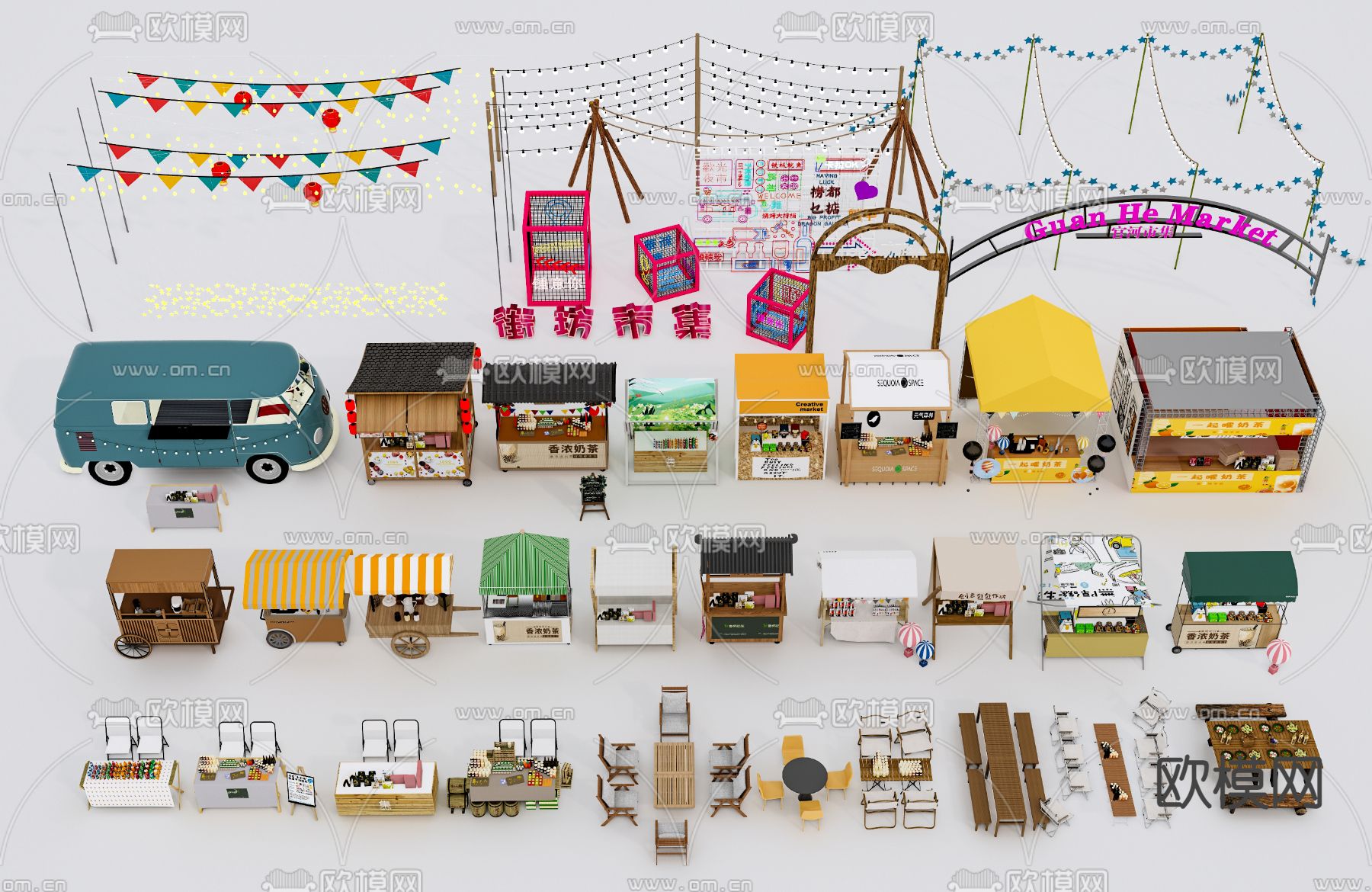 集市摊位 夜市摊 小吃摊su模型下载（渲染图2）