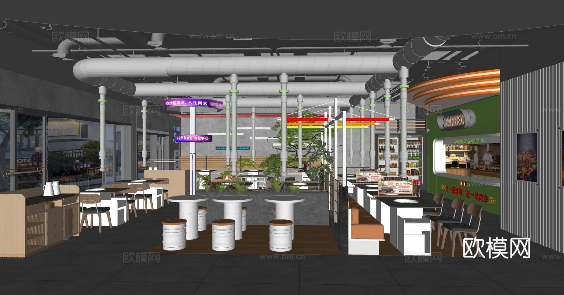 工业风火锅店 烧烤烤肉店 茶餐厅 不锈钢餐桌椅 烧烤店墙饰su模型下载（渲染图2）
