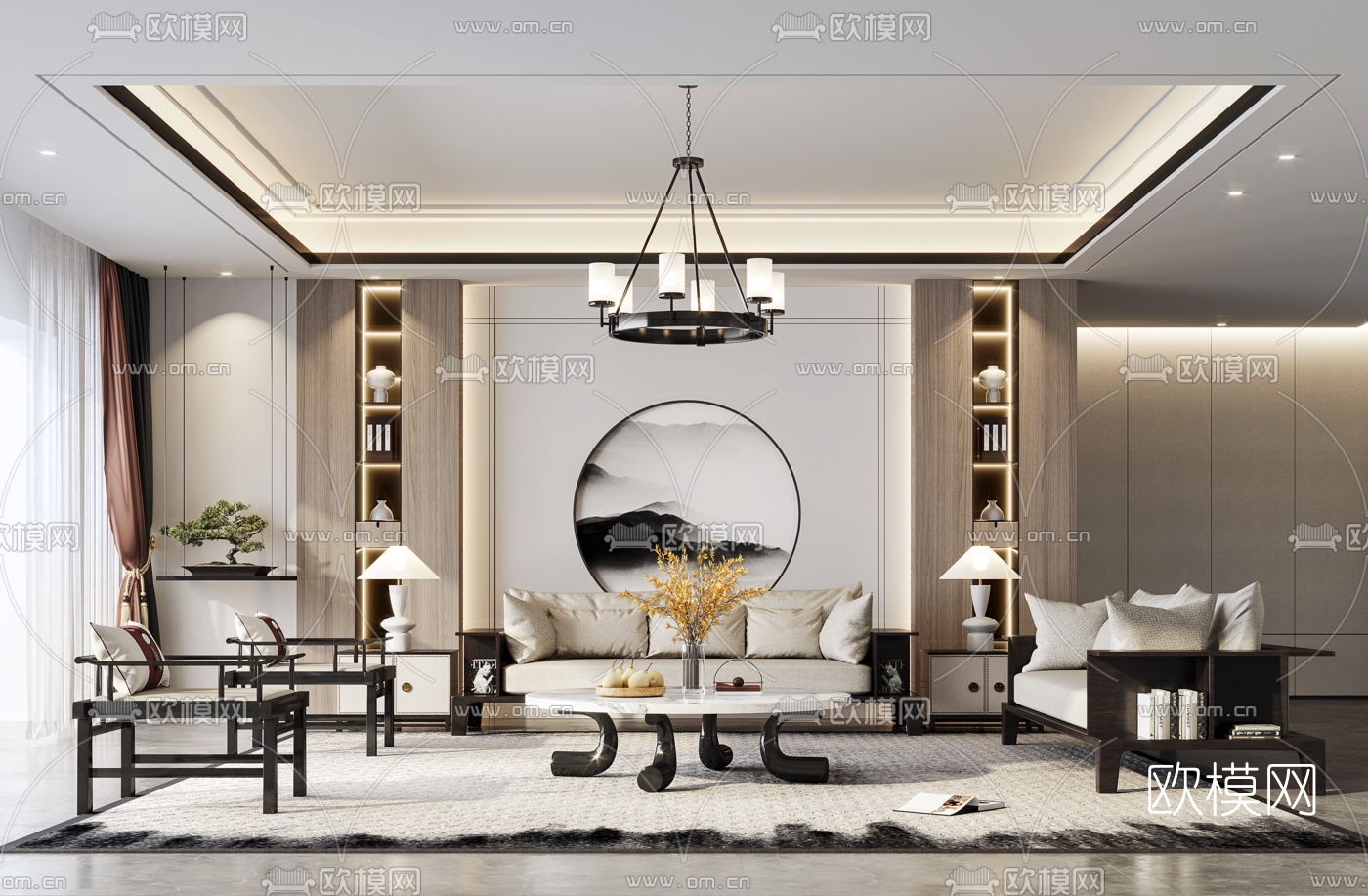 新中式布艺沙发组合3d模型下载（渲染图1）