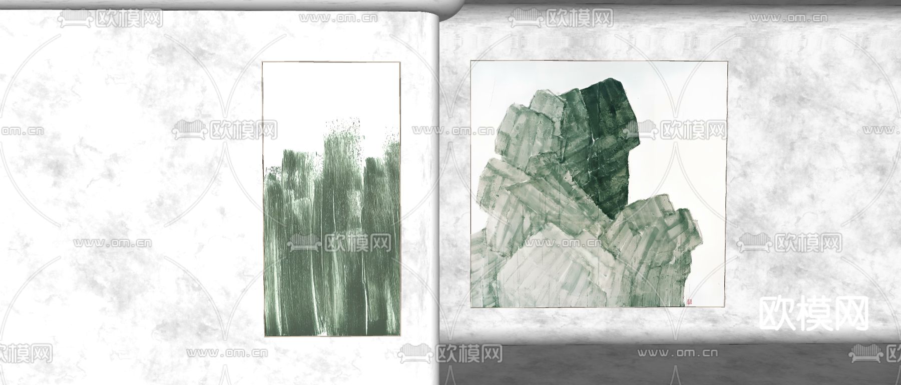 侘寂风装饰画 绿色画廊 质感纹理画su模型