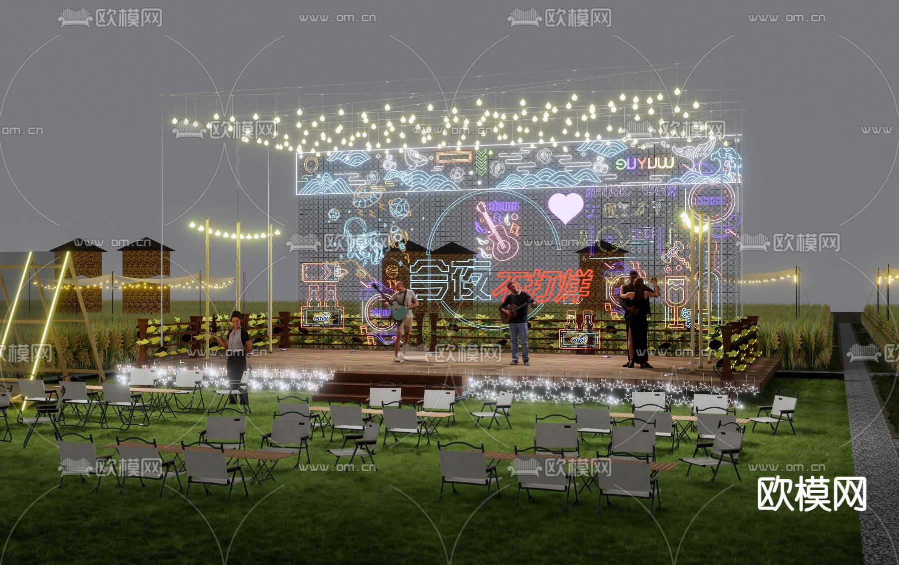 现代乡村稻田 音乐会舞台su模型下载（渲染图1）