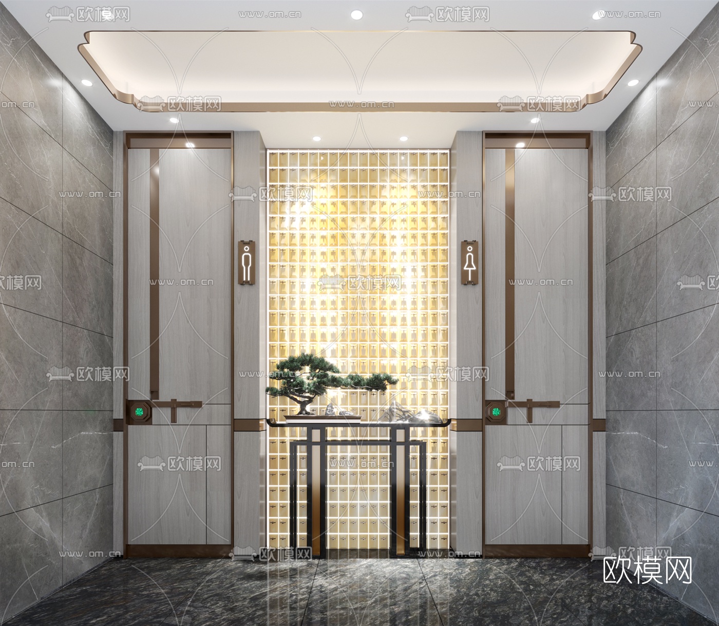 新中式公用卫生间入口3d模型下载（渲染图1）