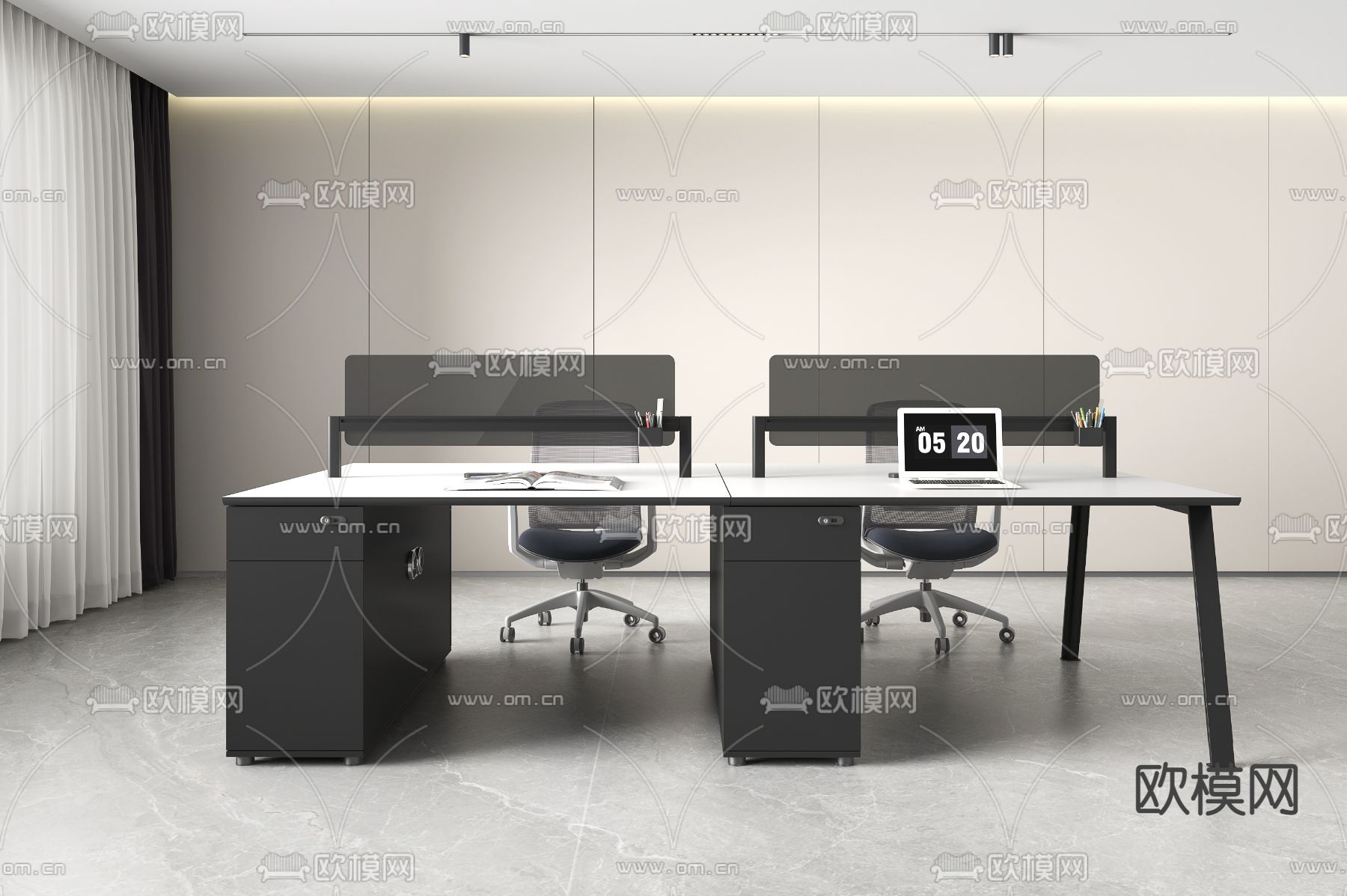 办公桌 办公椅 文件柜3d模型下载（渲染图1）