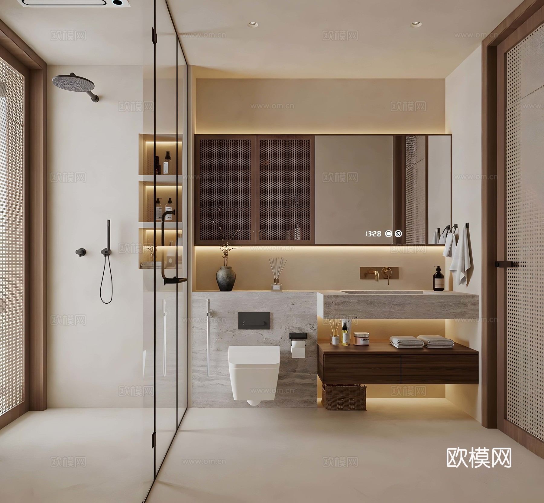 侘寂卫生间 侘寂风卫生间 干湿分离卫生间 半墙卫生间 卫生间su模型下载（渲染图1）