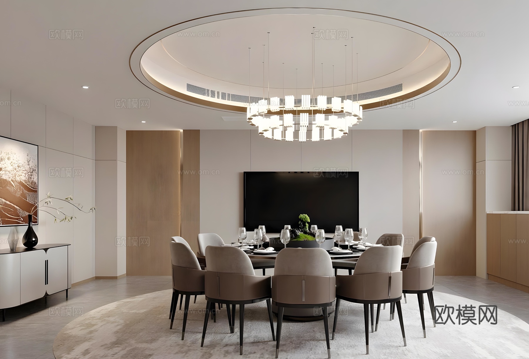 新中式包厢 中餐厅包厢 包厢餐桌椅 圆桌餐桌椅 四人以上餐桌su模型下载（渲染图1）