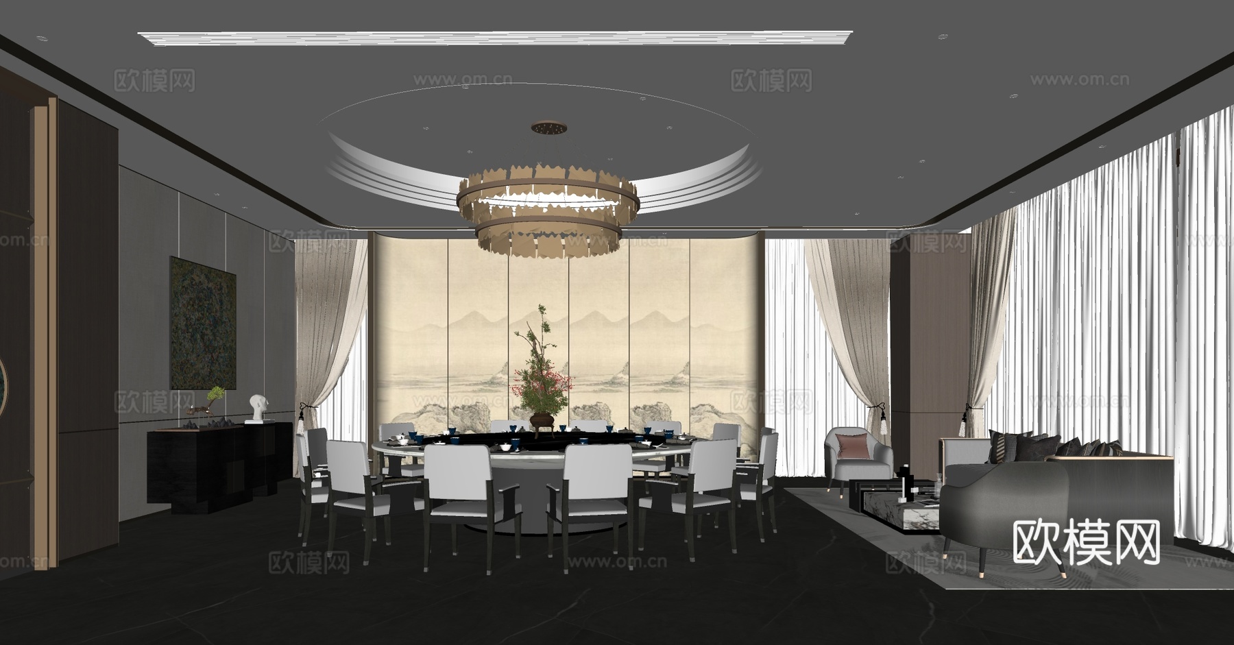 新中式包厢 中餐厅包厢 包厢餐桌椅 圆桌餐桌椅 四人以上餐桌su模型下载（渲染图3）