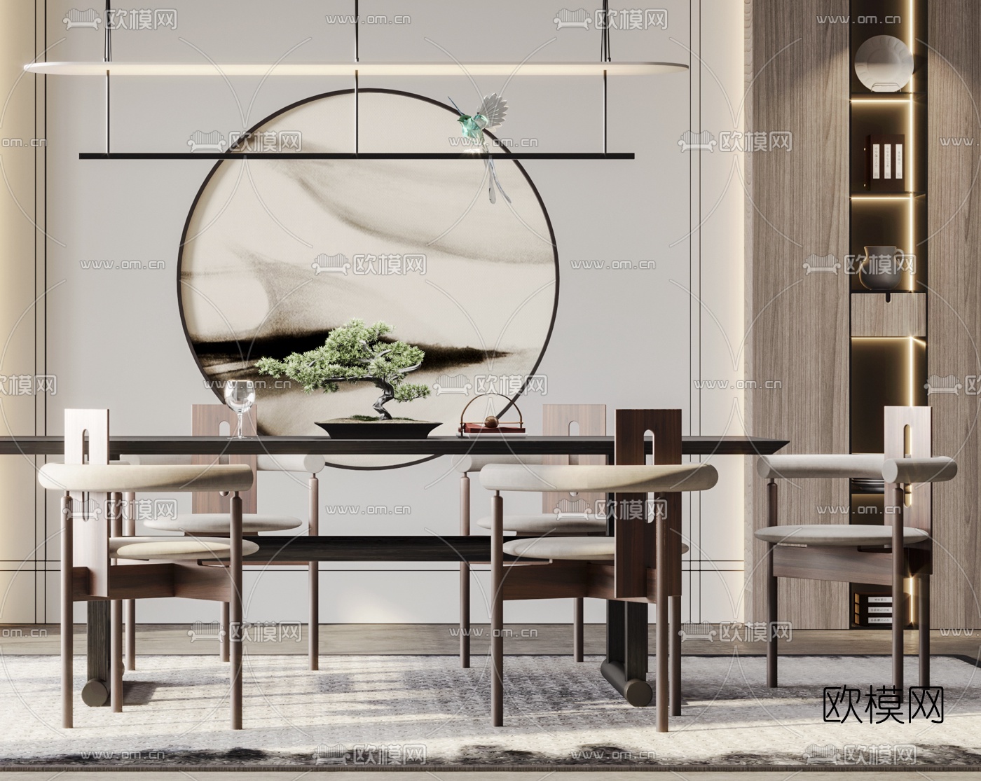 新中式条形餐桌椅3d模型下载（渲染图3）