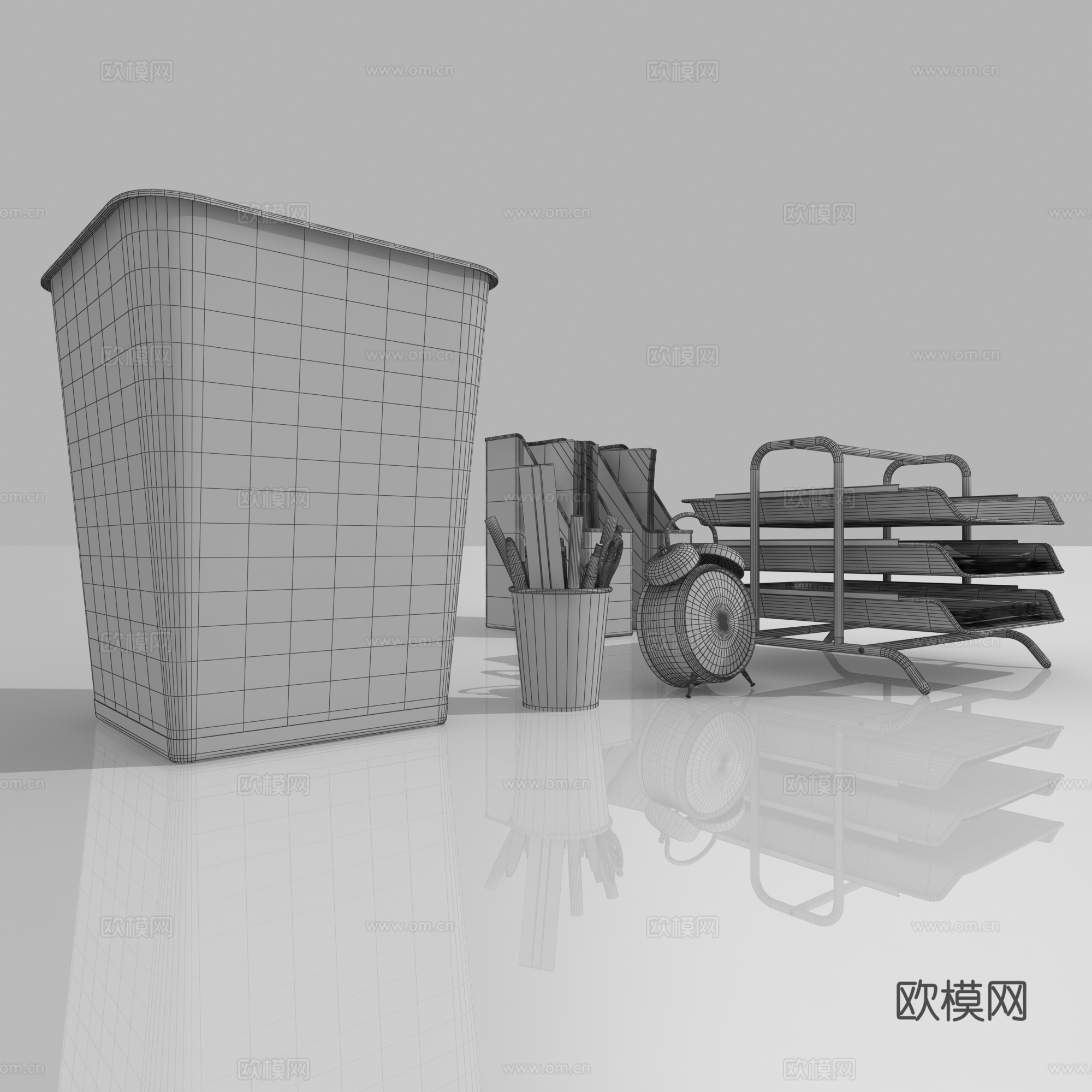 现代办公用品 纸篓垃圾桶文件夹笔尺子闹钟报纸组合3d模型
