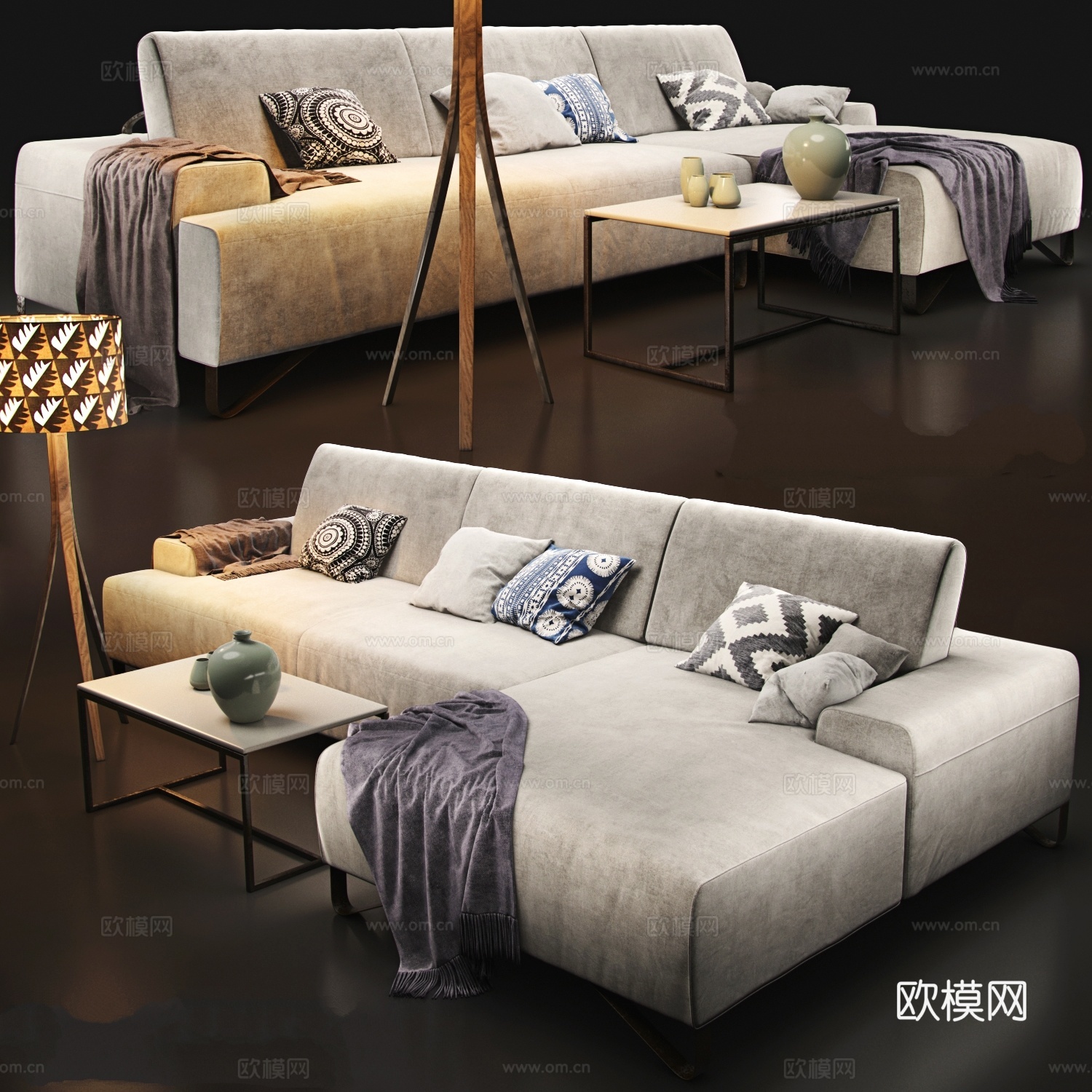 现代精致多人沙发落地灯茶几组合3d模型