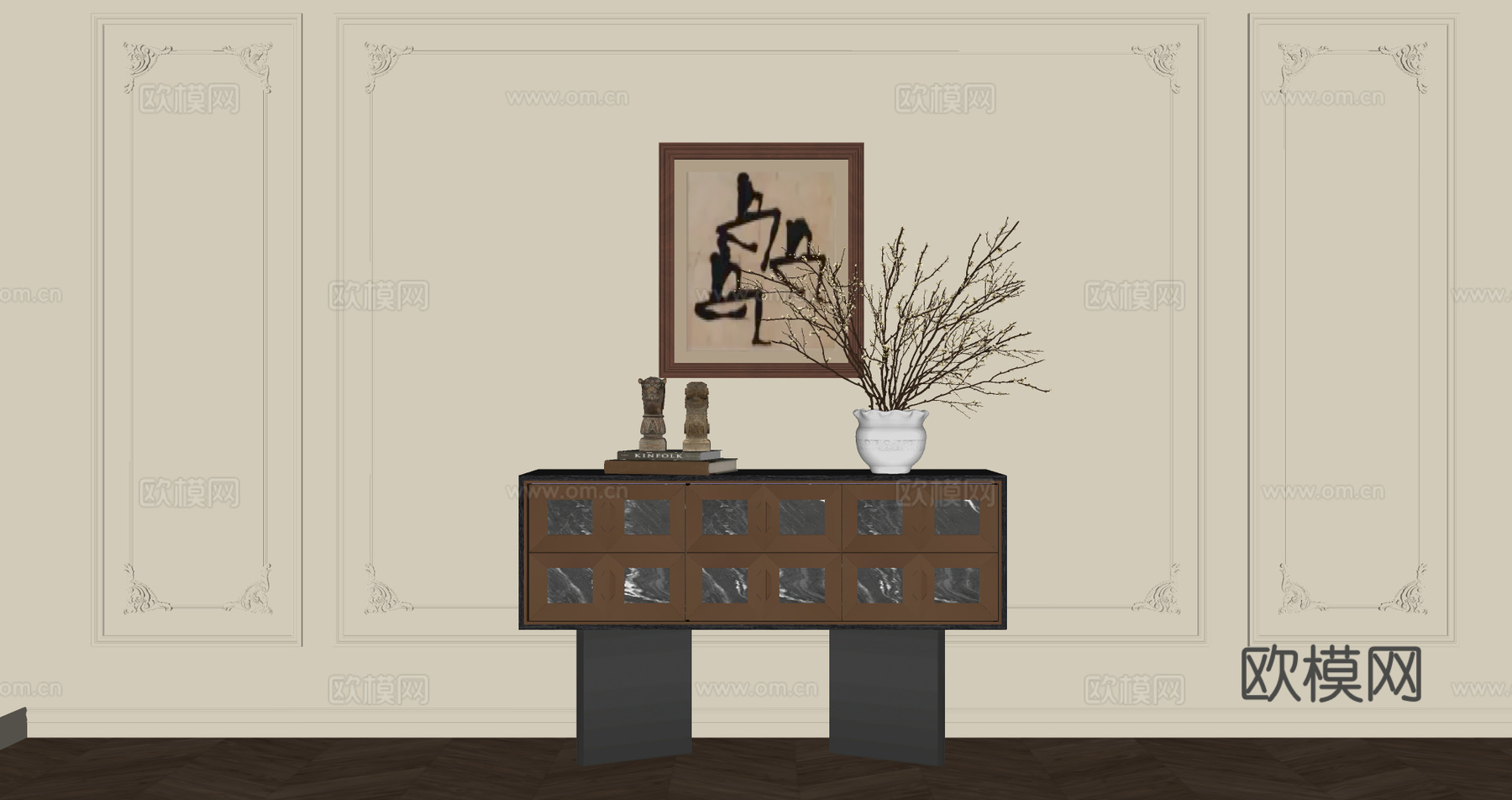 法式奶油风餐边柜 法式装饰柜 沙发背景墙 装饰画 装饰画su模型