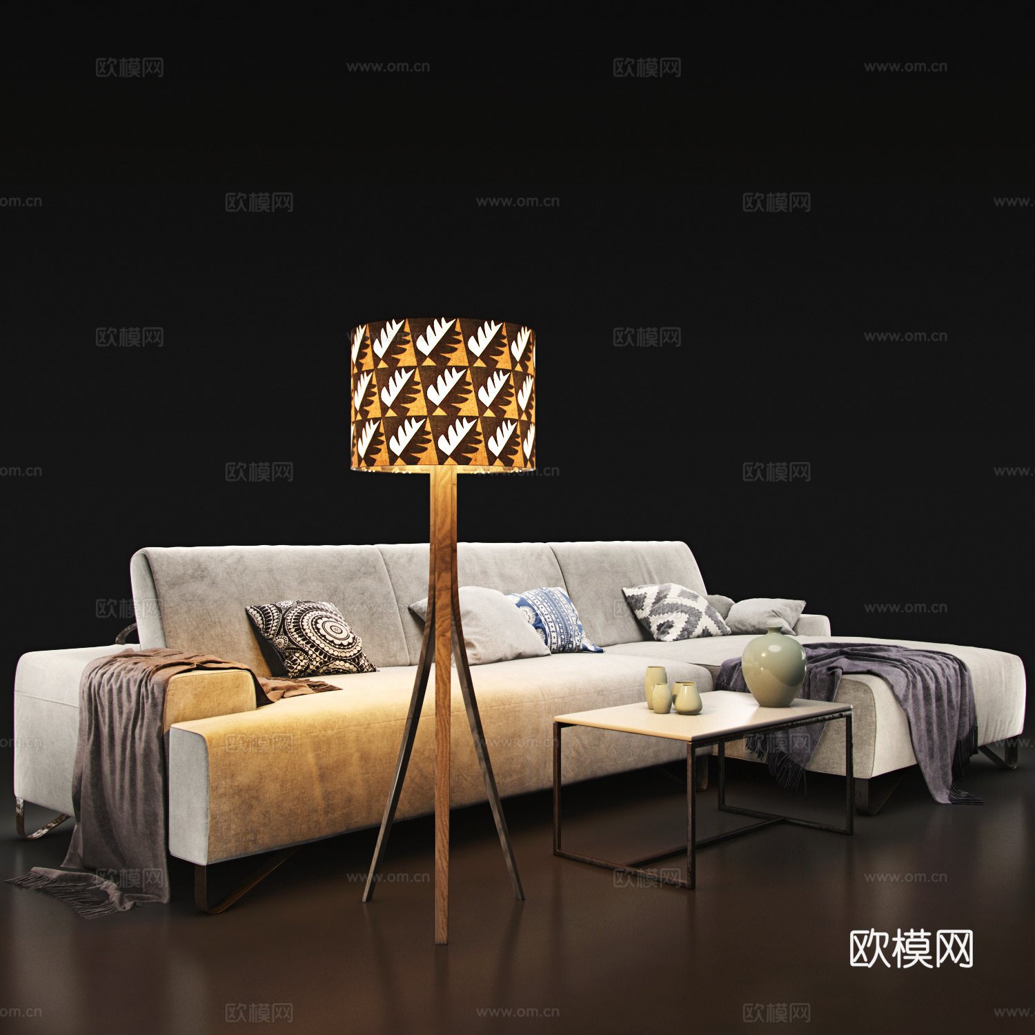 现代精致多人沙发落地灯茶几组合3d模型
