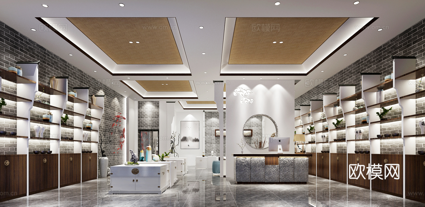 新中式禅意中式办公大厅前台大堂店面泡茶区禅意摆件3d模型