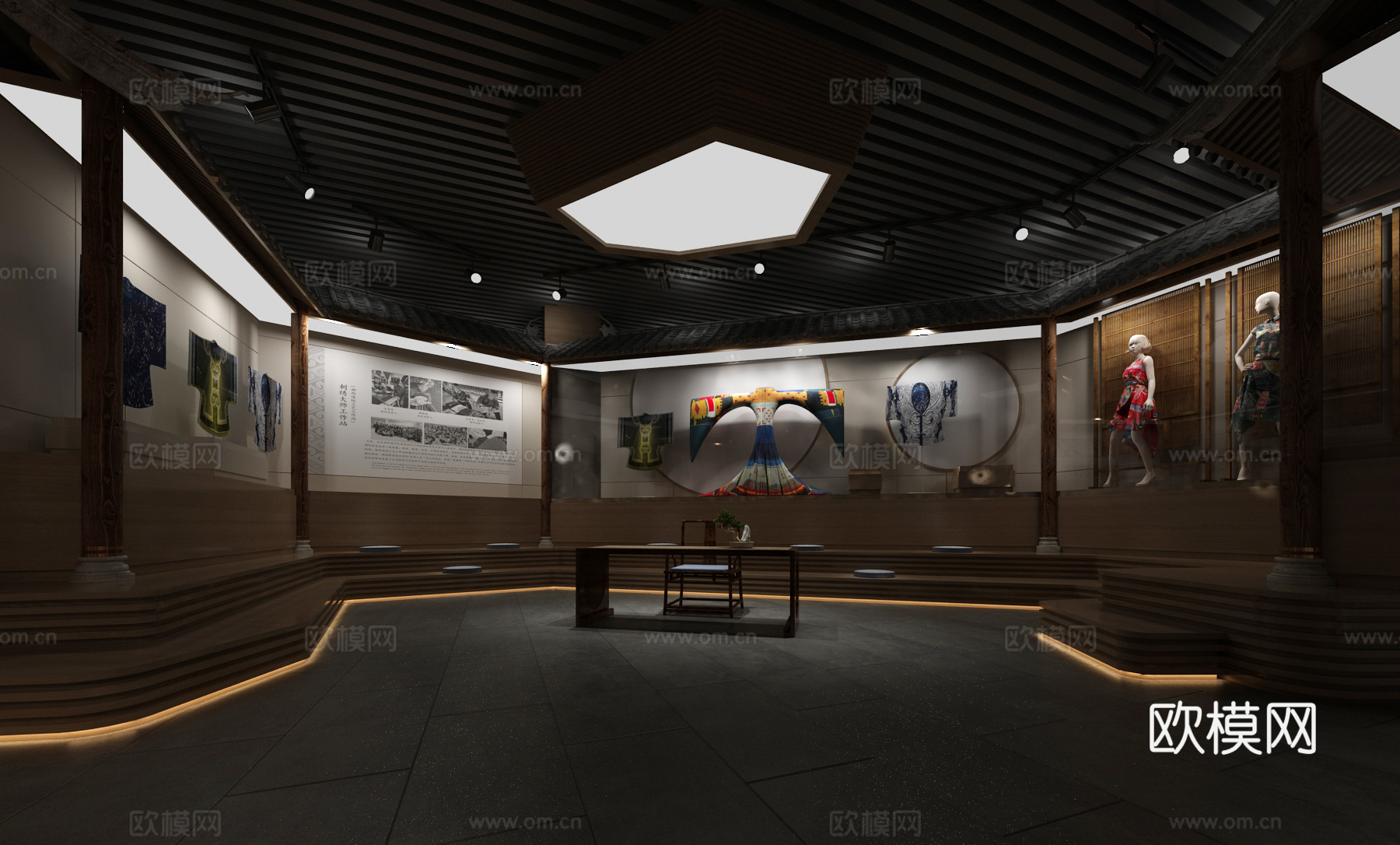 传统中式博物馆 传统中式铁艺吊灯组合 传统中式玻璃陈列柜3d模型
