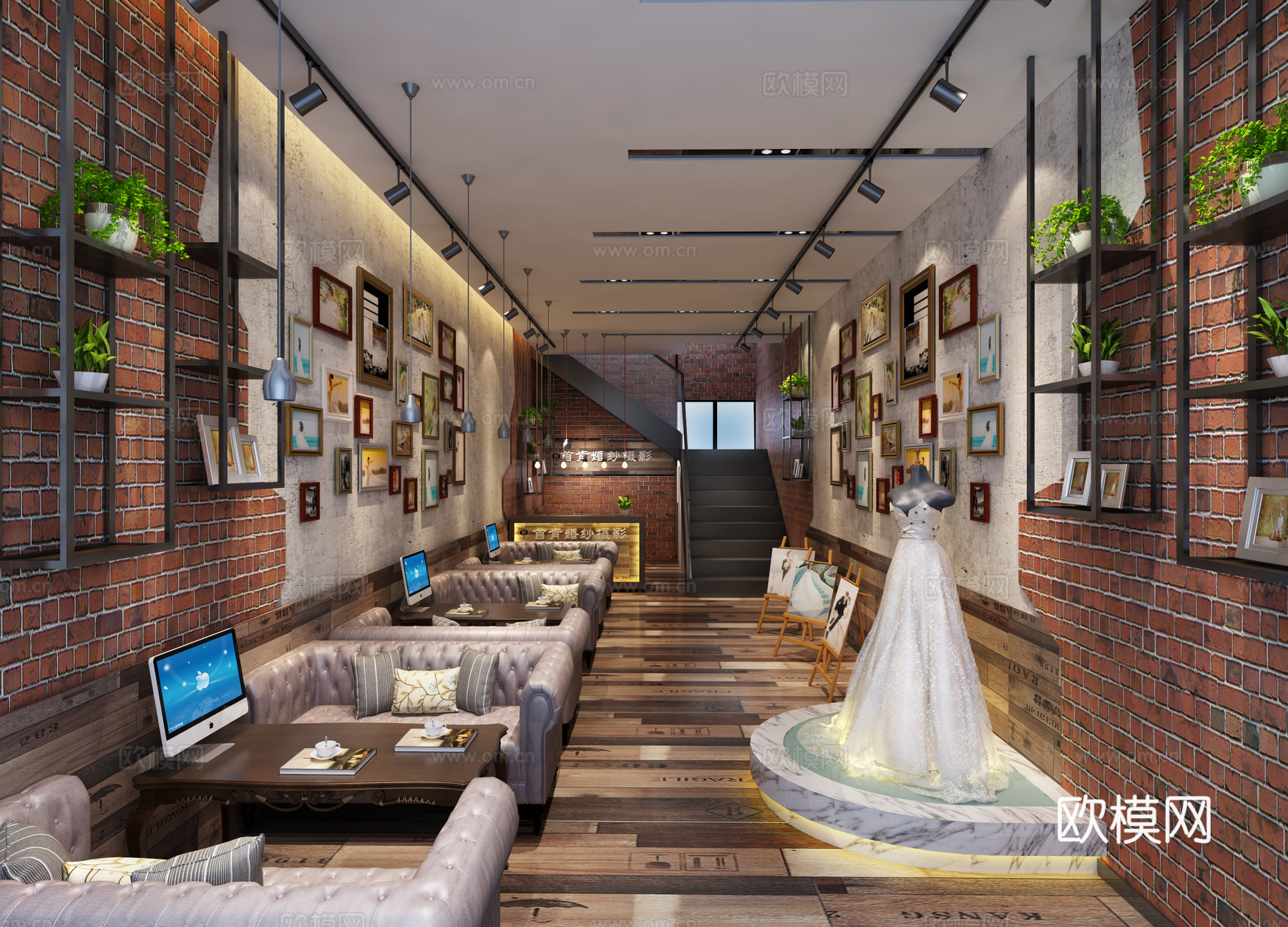 工业风婚纱店 皮沙发 婚纱服装 架子 吧台 组合挂画3d模型