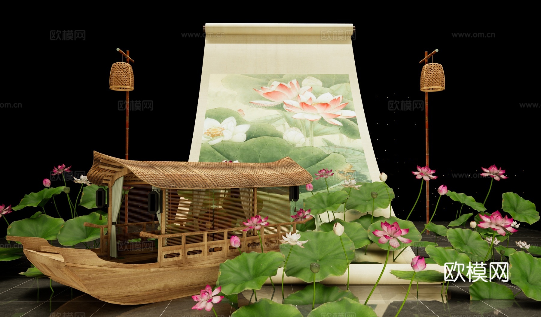 卷轴书画美陈 荷花荷叶装置 小船画舫 中式网红打卡 荷花文化su模型