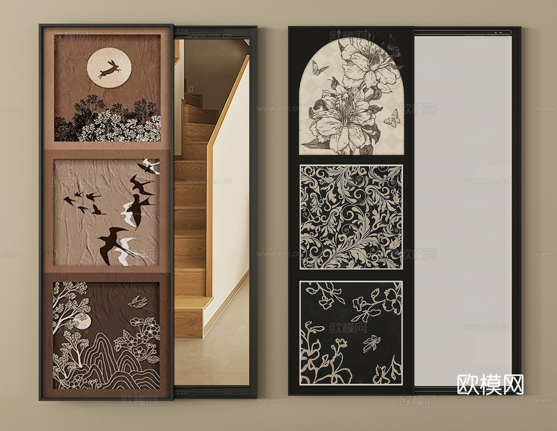 中古风挂画组合 镜子 全身镜 穿衣镜su模型