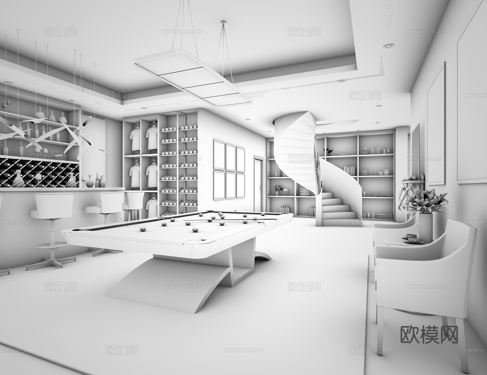 欧式简约娱乐室 吊灯 台球桌 酒柜 吧台 旋转楼梯3d模型