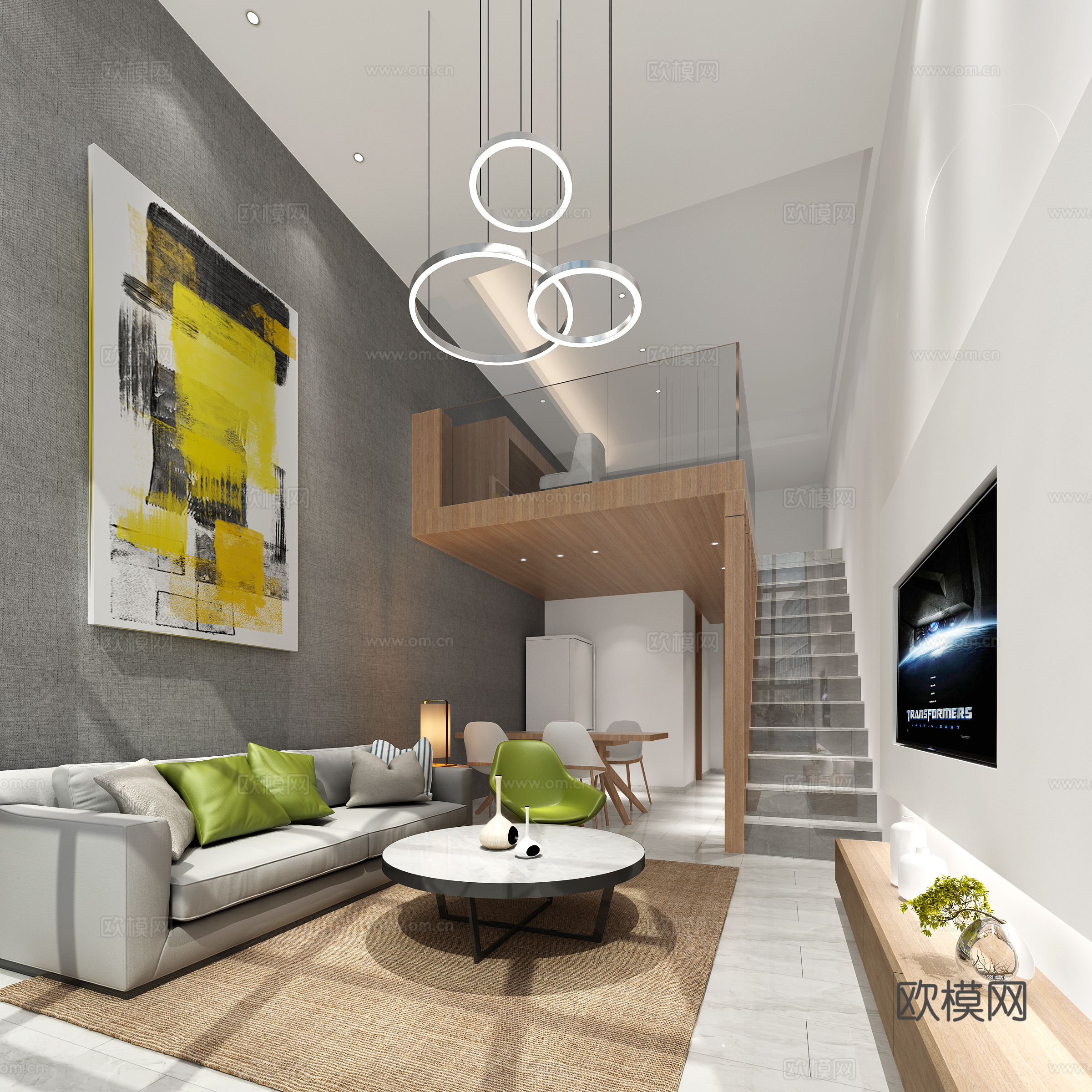 现代挑高单身公寓客厅3d模型