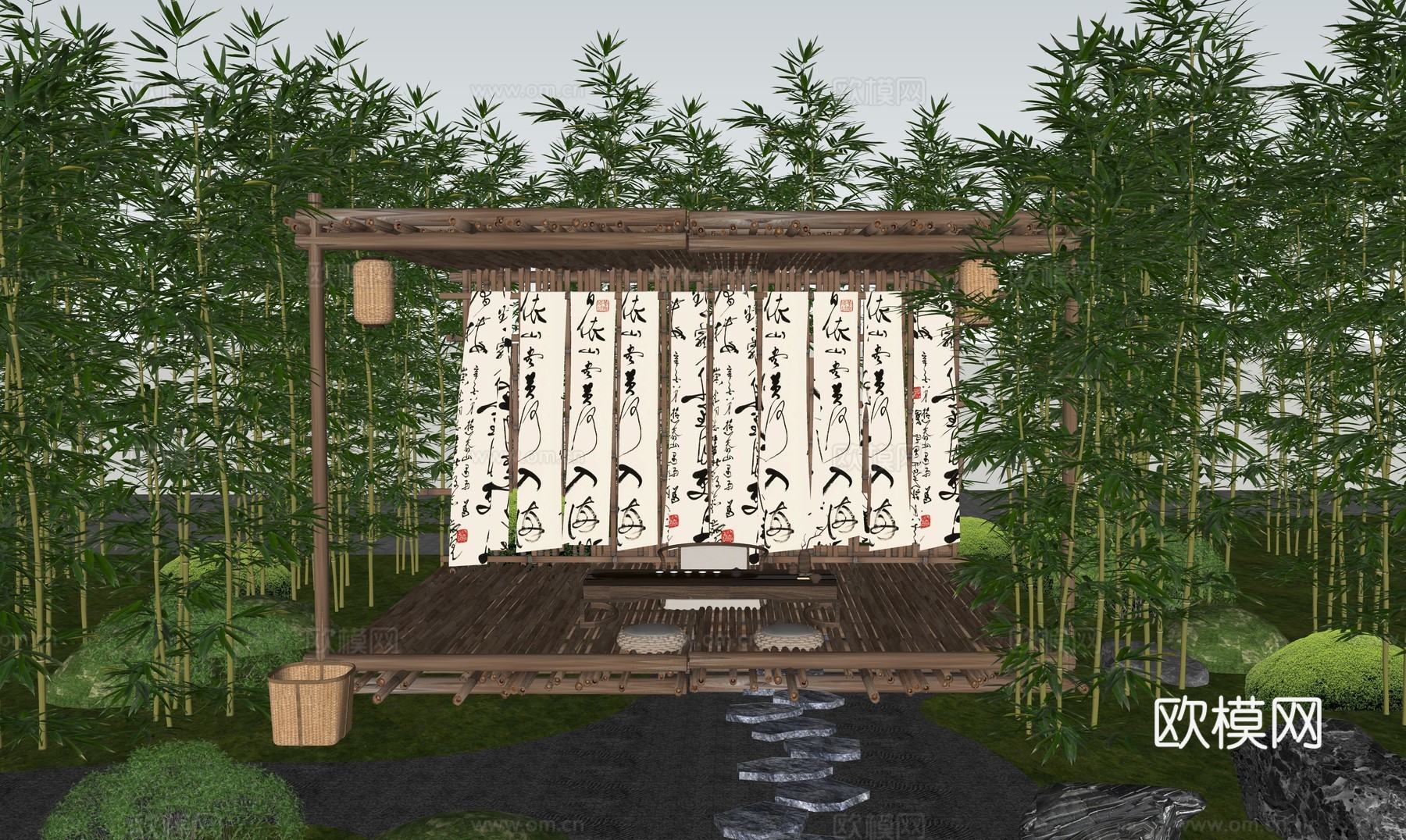 新中式竹林公园景观 林下空间 竹廊架 竹林茶室 竹林品茶su模型