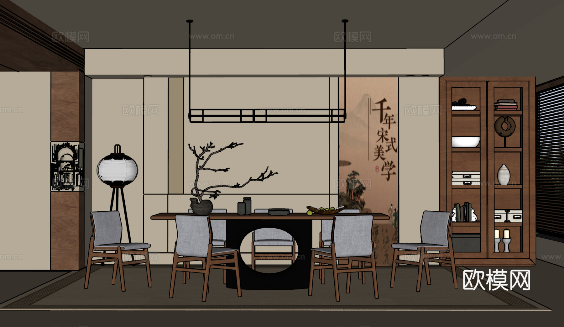 宋氏中古风餐厅 餐桌椅组合 吊灯 绿植摆件 玄关柜su模型