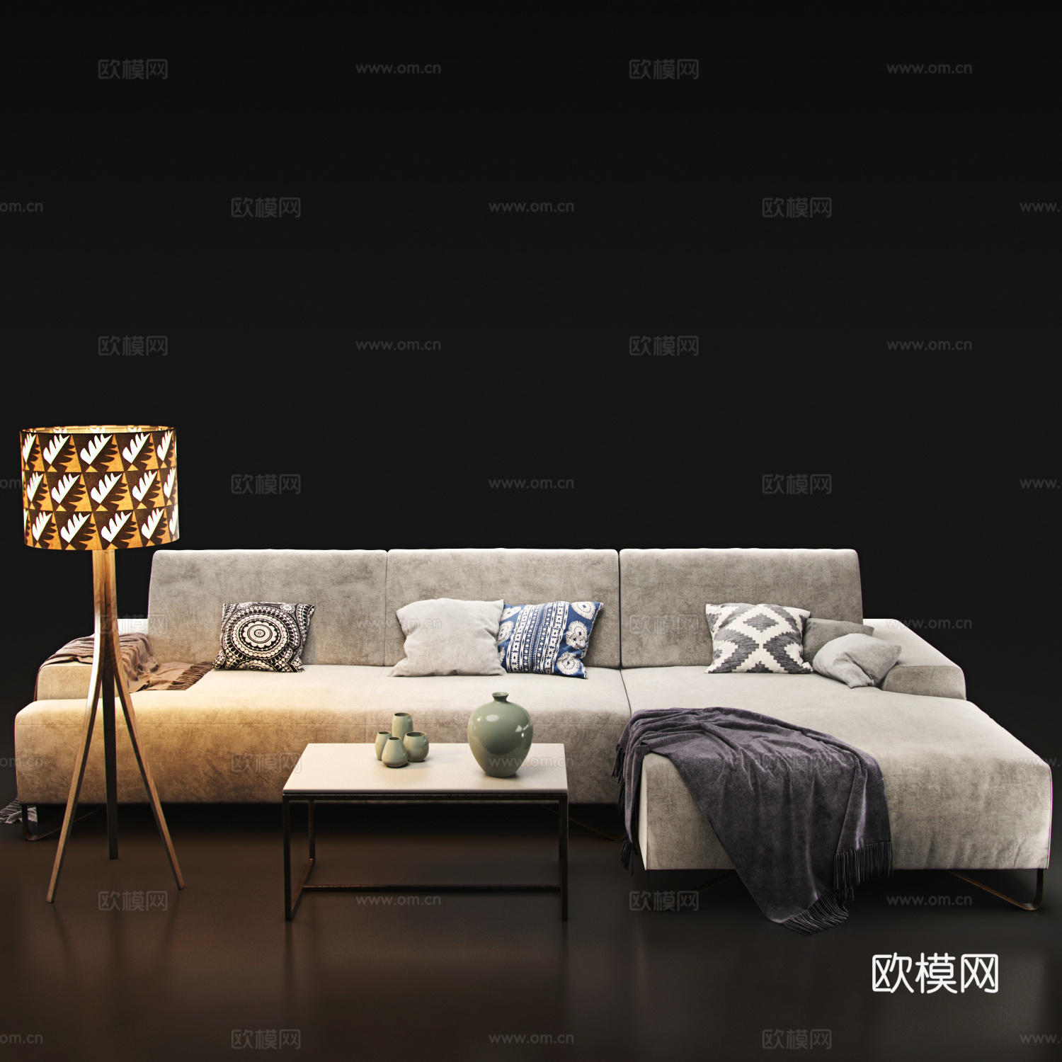 现代精致多人沙发落地灯茶几组合3d模型