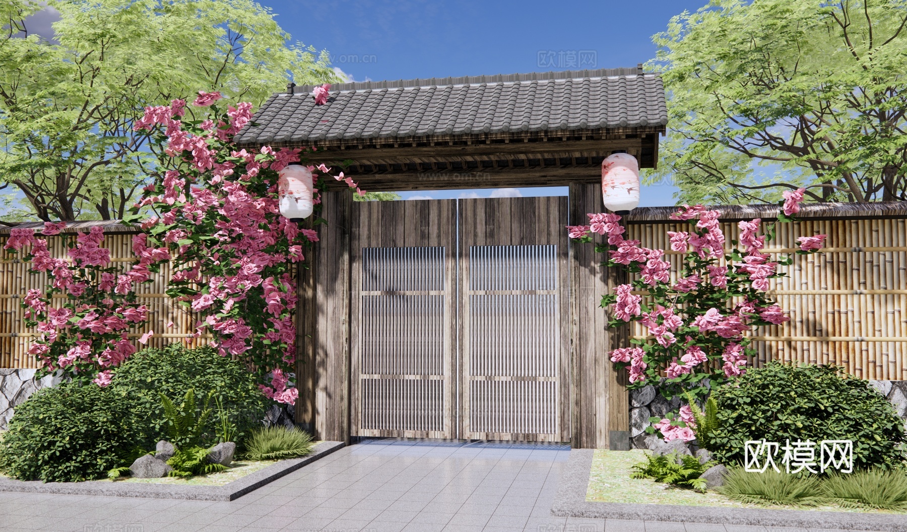 中式乡村庭院门 院门围墙 小柴门 民宿小院门 竹篱笆 藤蔓植su模型