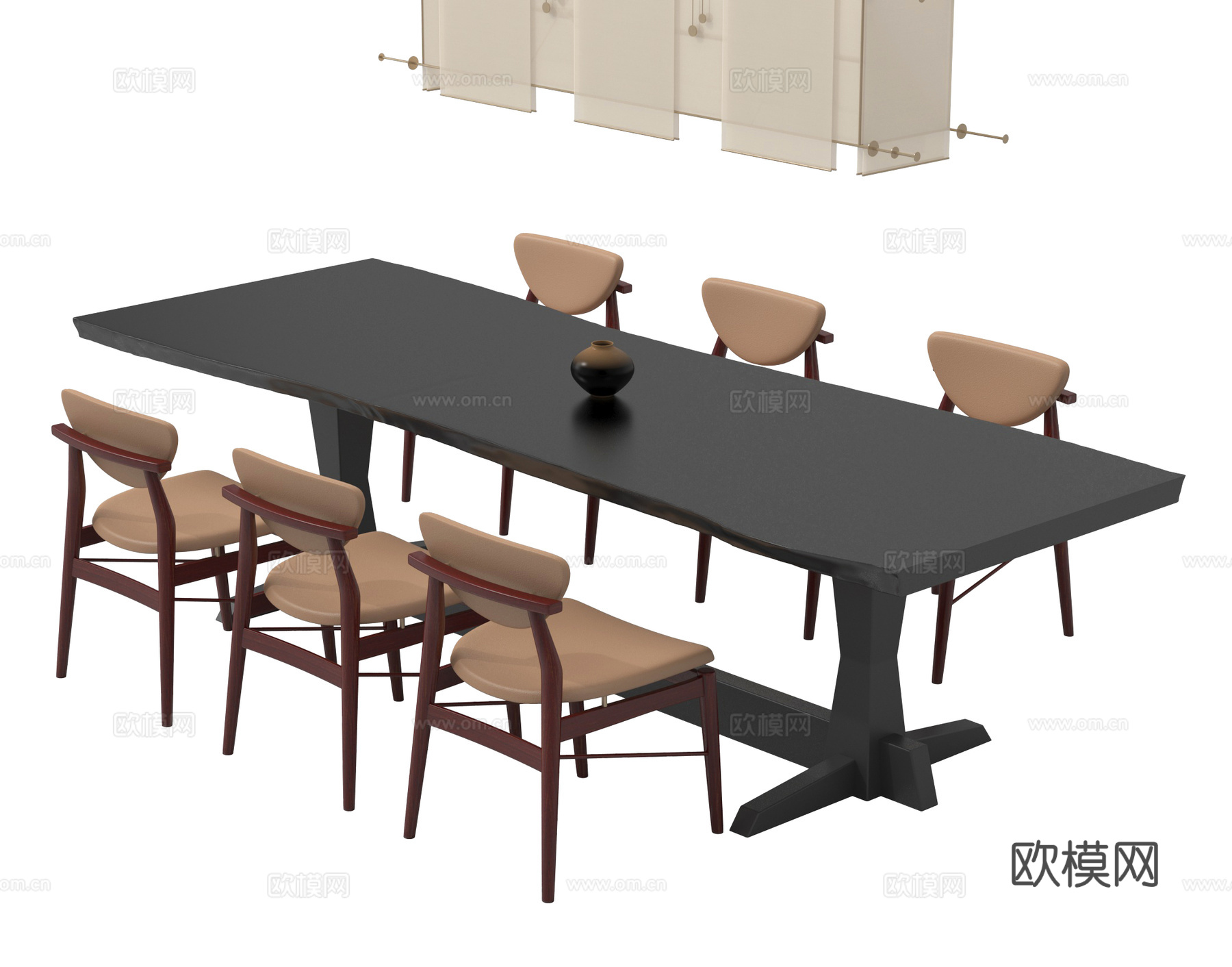 现代中古长桌 木材 六人餐桌椅3d模型