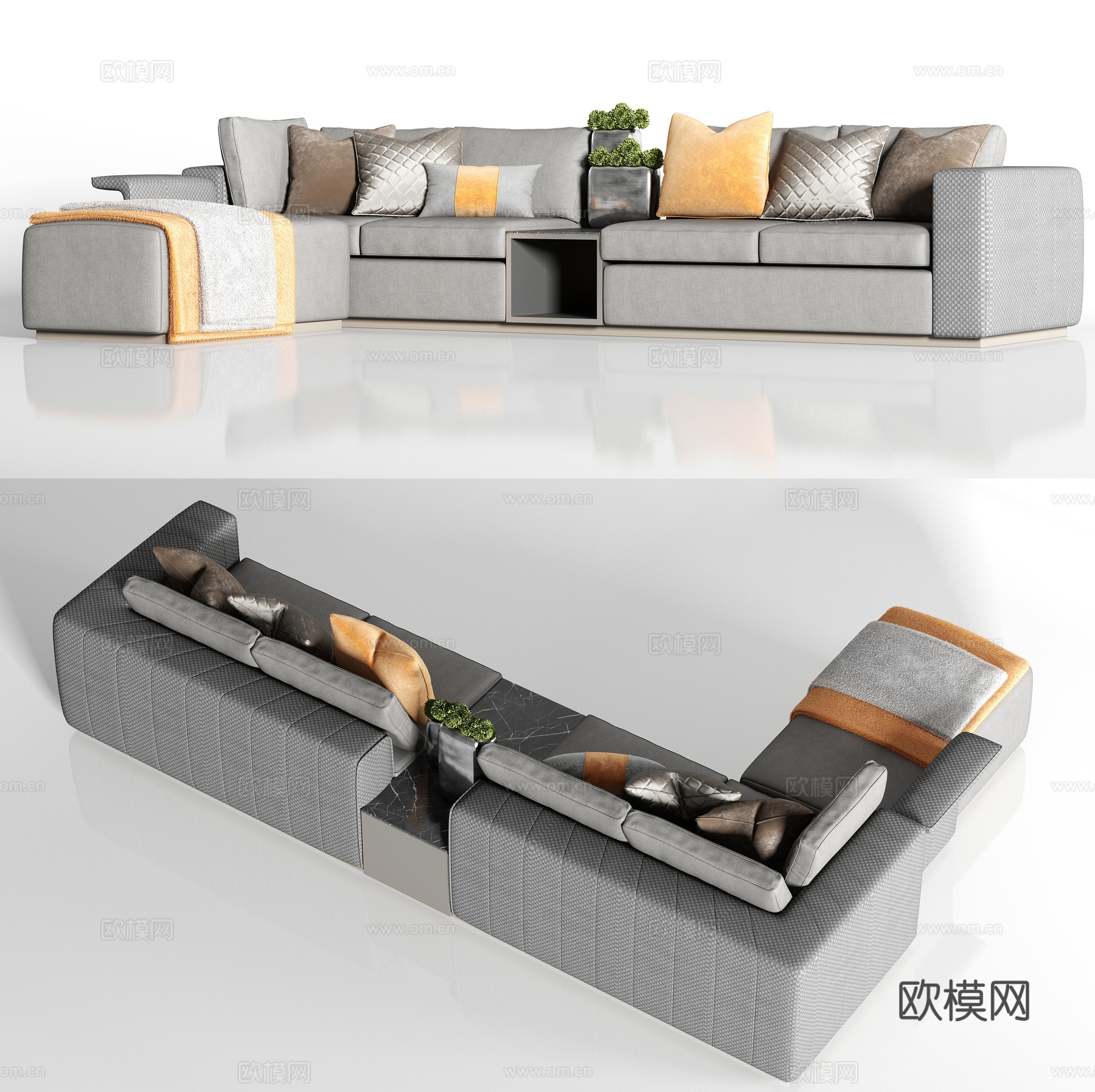 现代灰色布艺转角多人沙发 枕头 搭巾花艺组合3d模型