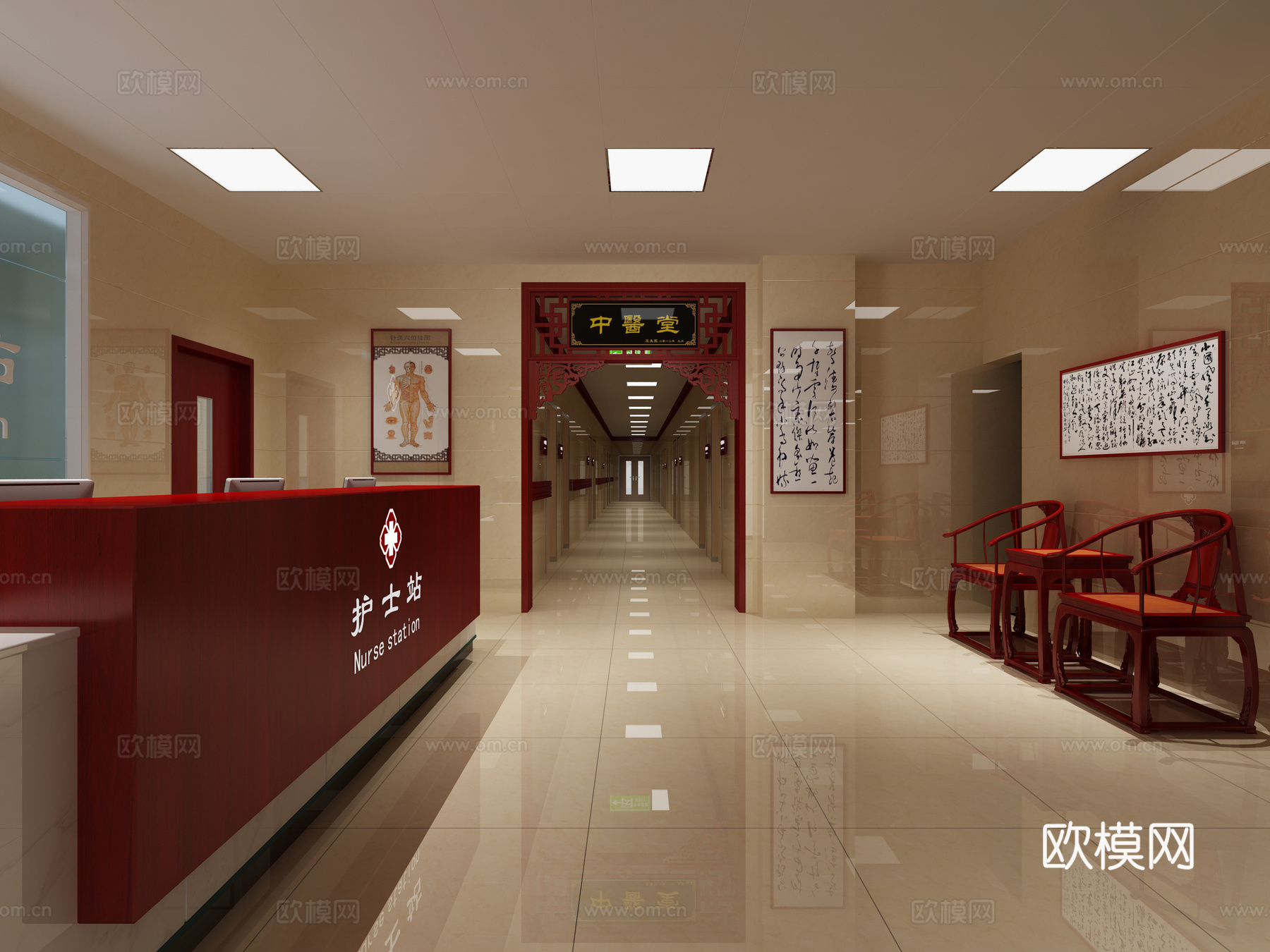 中式医院过道3d模型