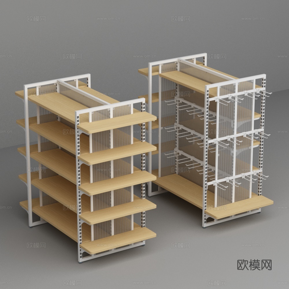 超市便利店钢木名创优品透明阳光背板挂钩货架3d模型
