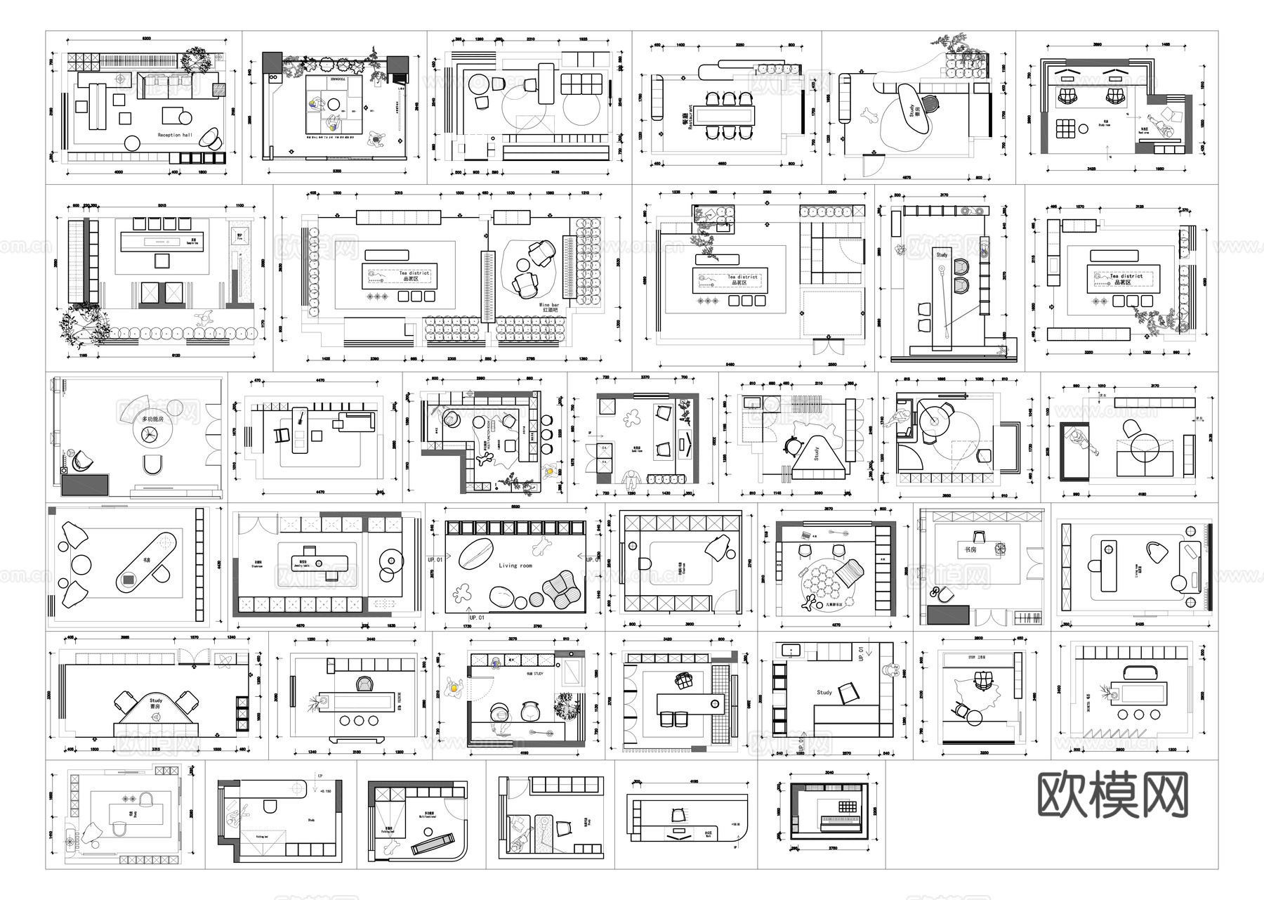书房茶室多功能室平面布置图cad施工图