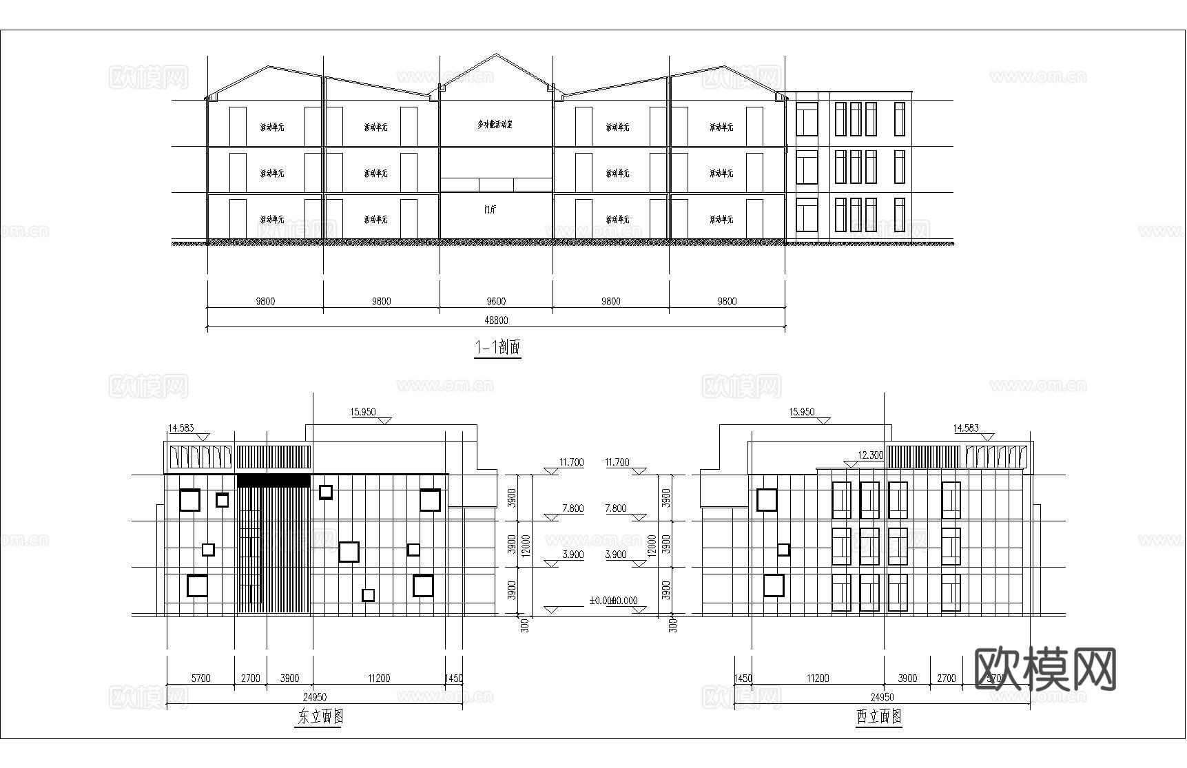 现代幼儿园建筑施工图 平面 立面 剖面cad施工图