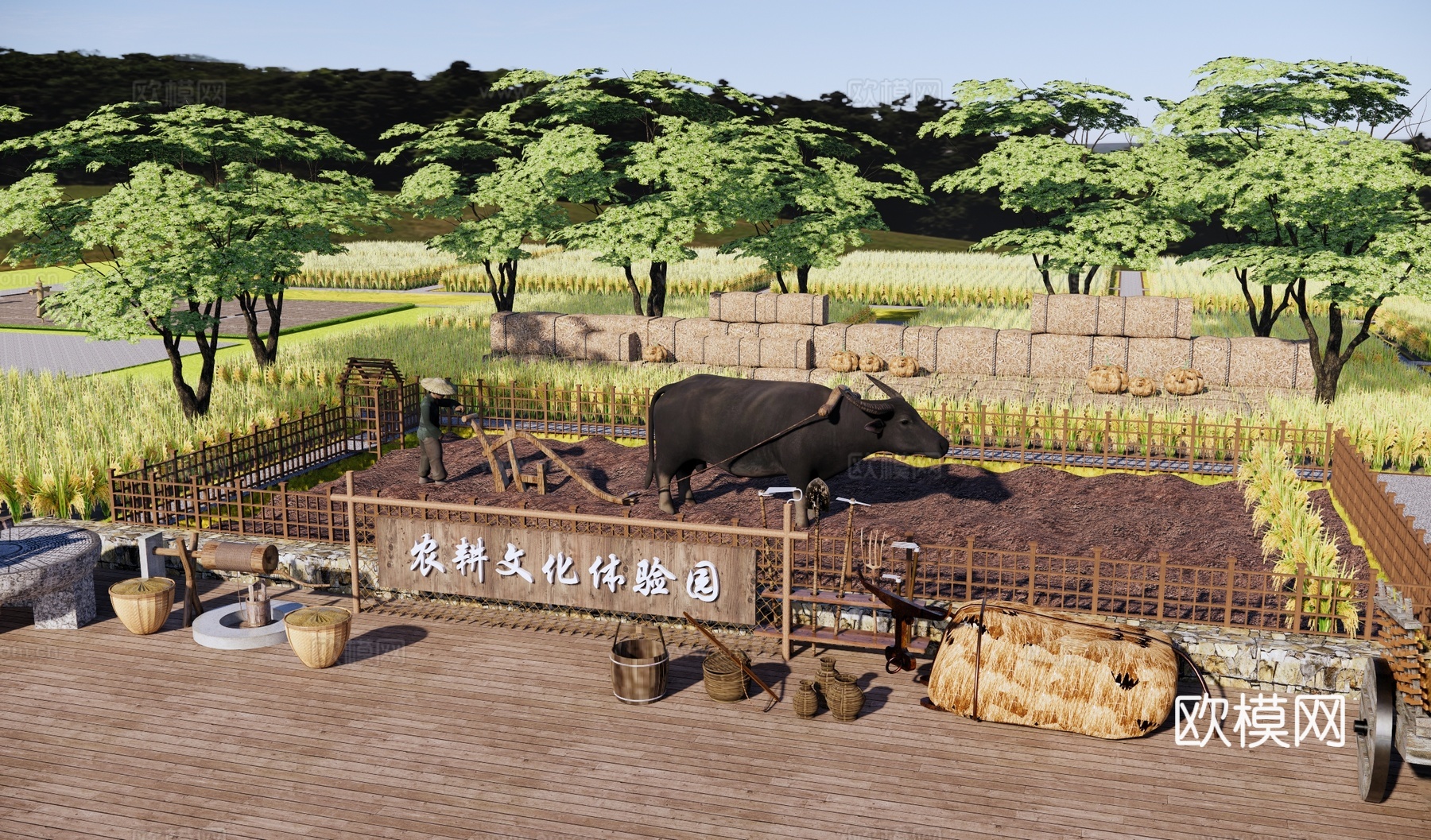 新中式美丽乡村农场公园 农耕研学公园 农耕文化体验中心 耕牛su模型