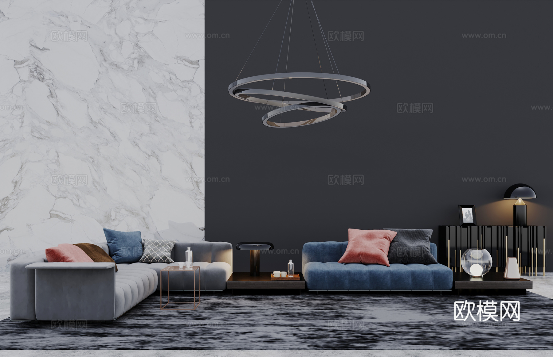 现代客厅现代沙发茶几边几地毯吊灯3d模型