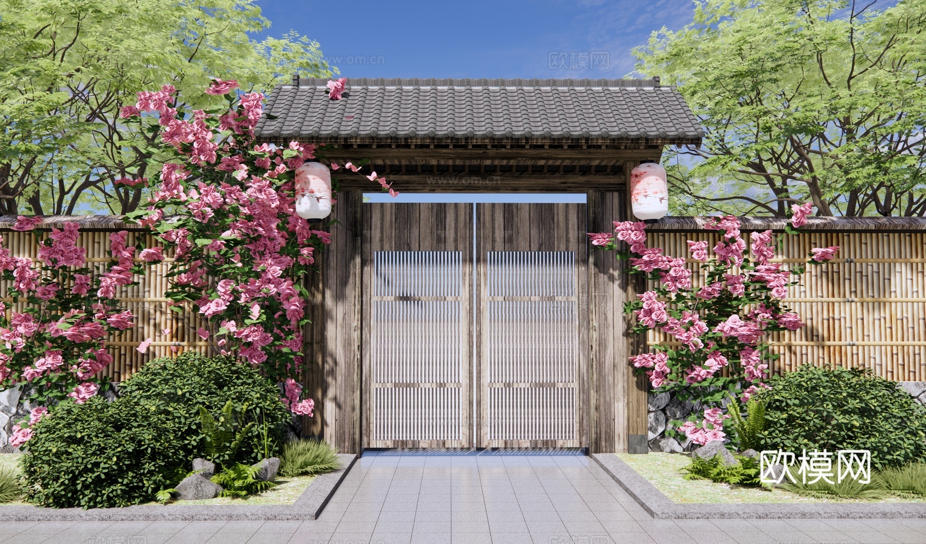 中式乡村庭院门 院门围墙 小柴门 民宿小院门 竹篱笆 藤蔓植su模型
