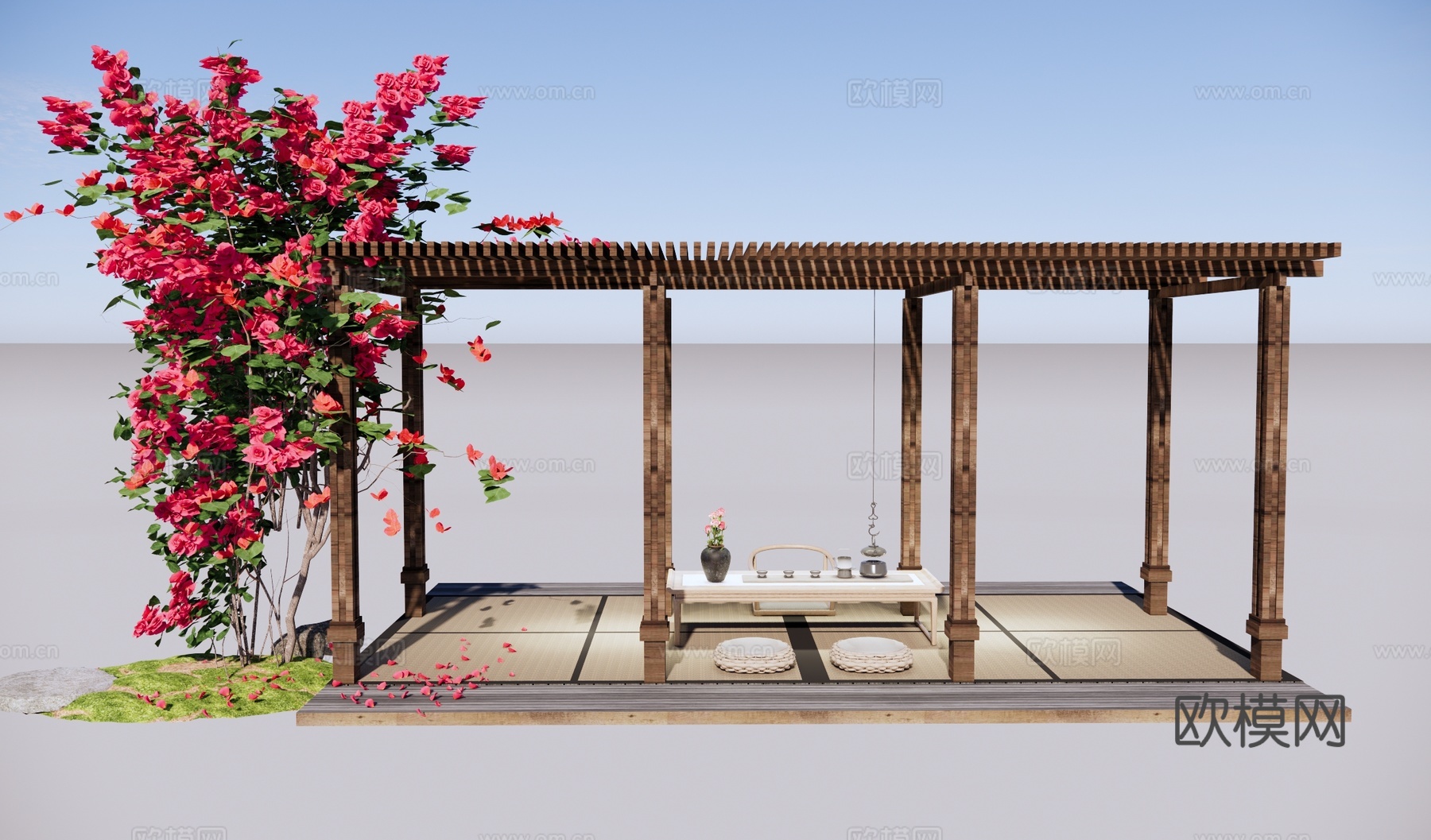 现代休闲格栅廊架 三角梅 月季爬藤植物 藤蔓植物 廊架茶室su模型