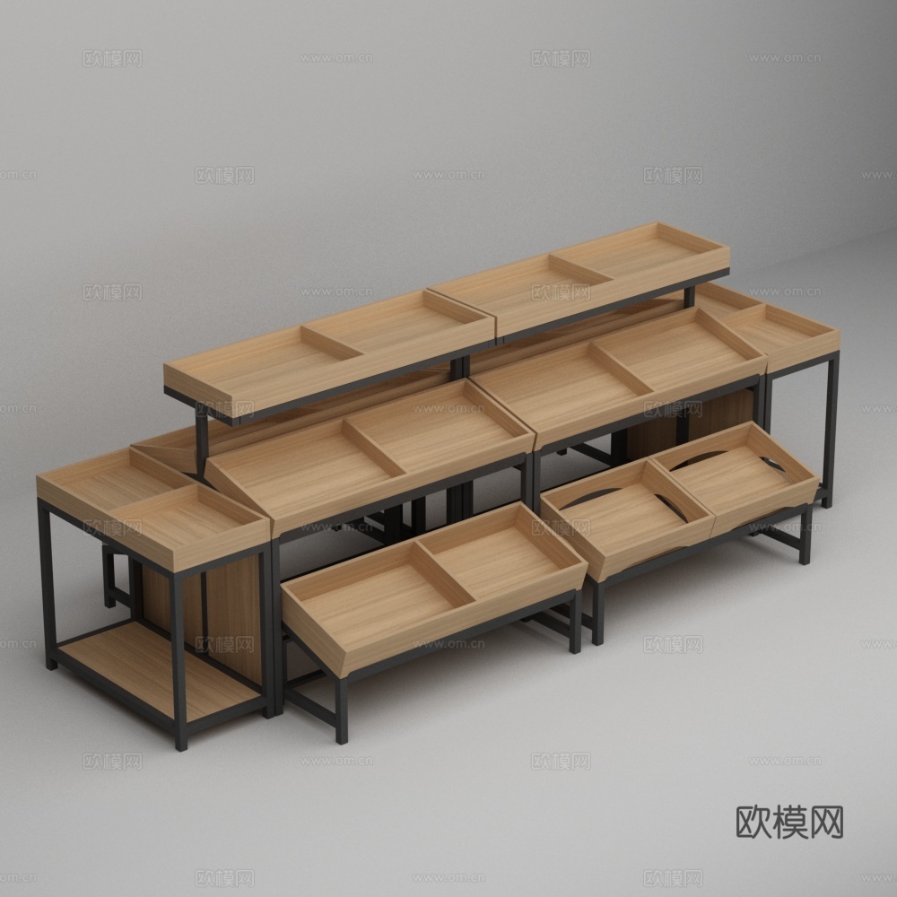 水果店钢木两层斜放展示水果蔬菜货架3d模型