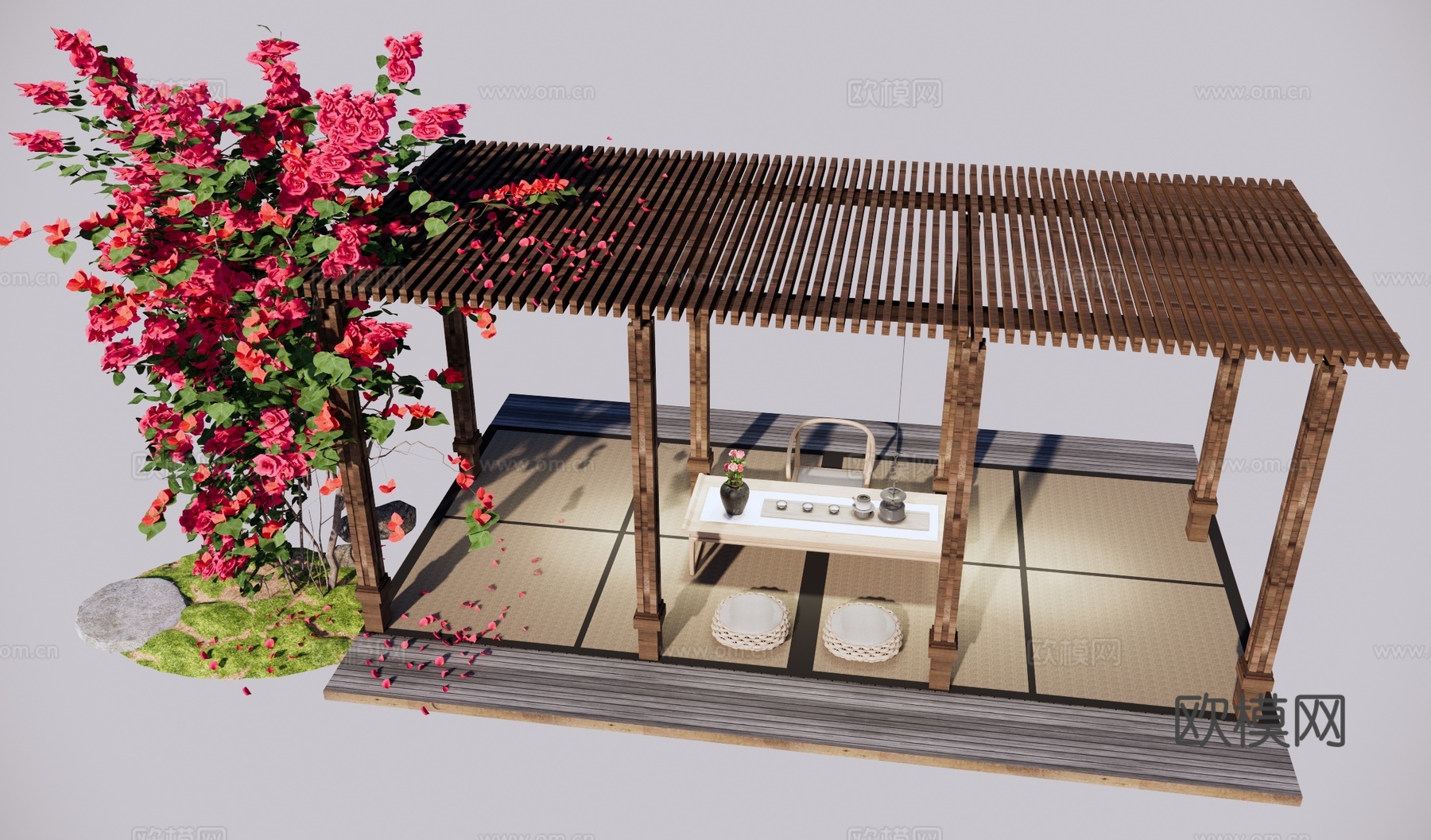 现代休闲格栅廊架 三角梅 月季爬藤植物 藤蔓植物 廊架茶室su模型