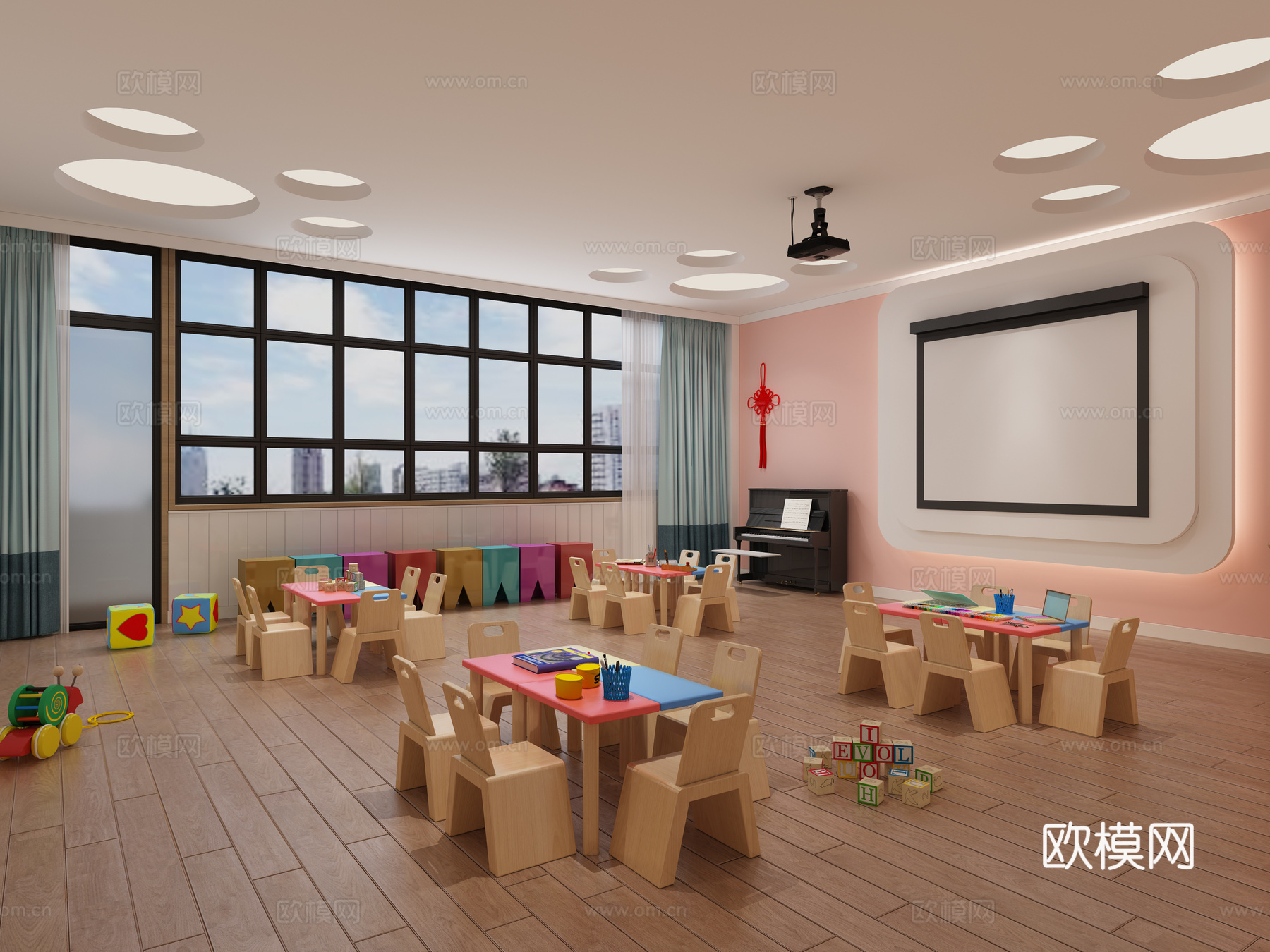 北欧幼儿园教室 书桌椅 投影仪3d模型