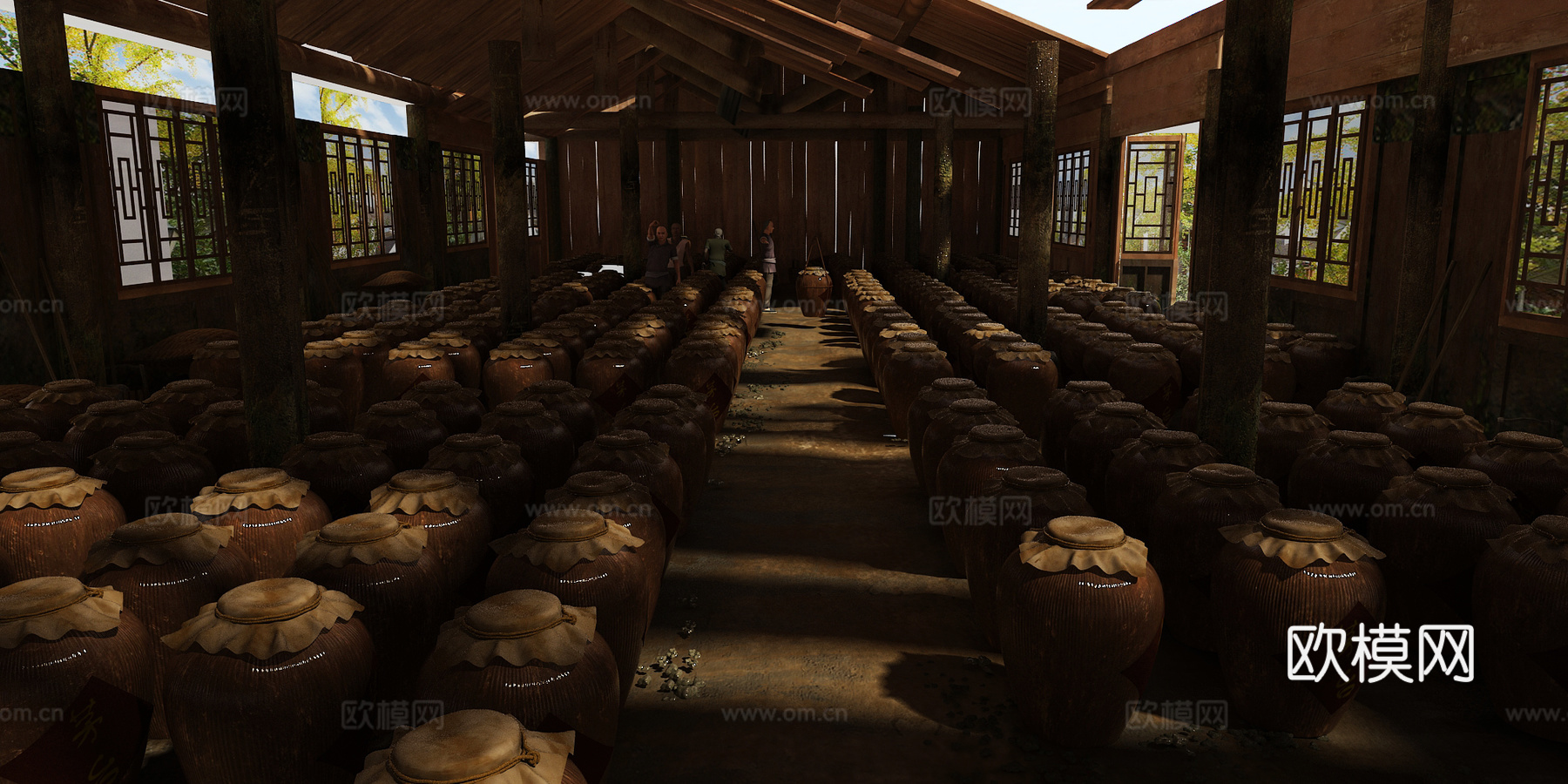 中式古建 酒窖 酒坛子 木桶 铁锹 木房 作坊 酿酒 造3d模型