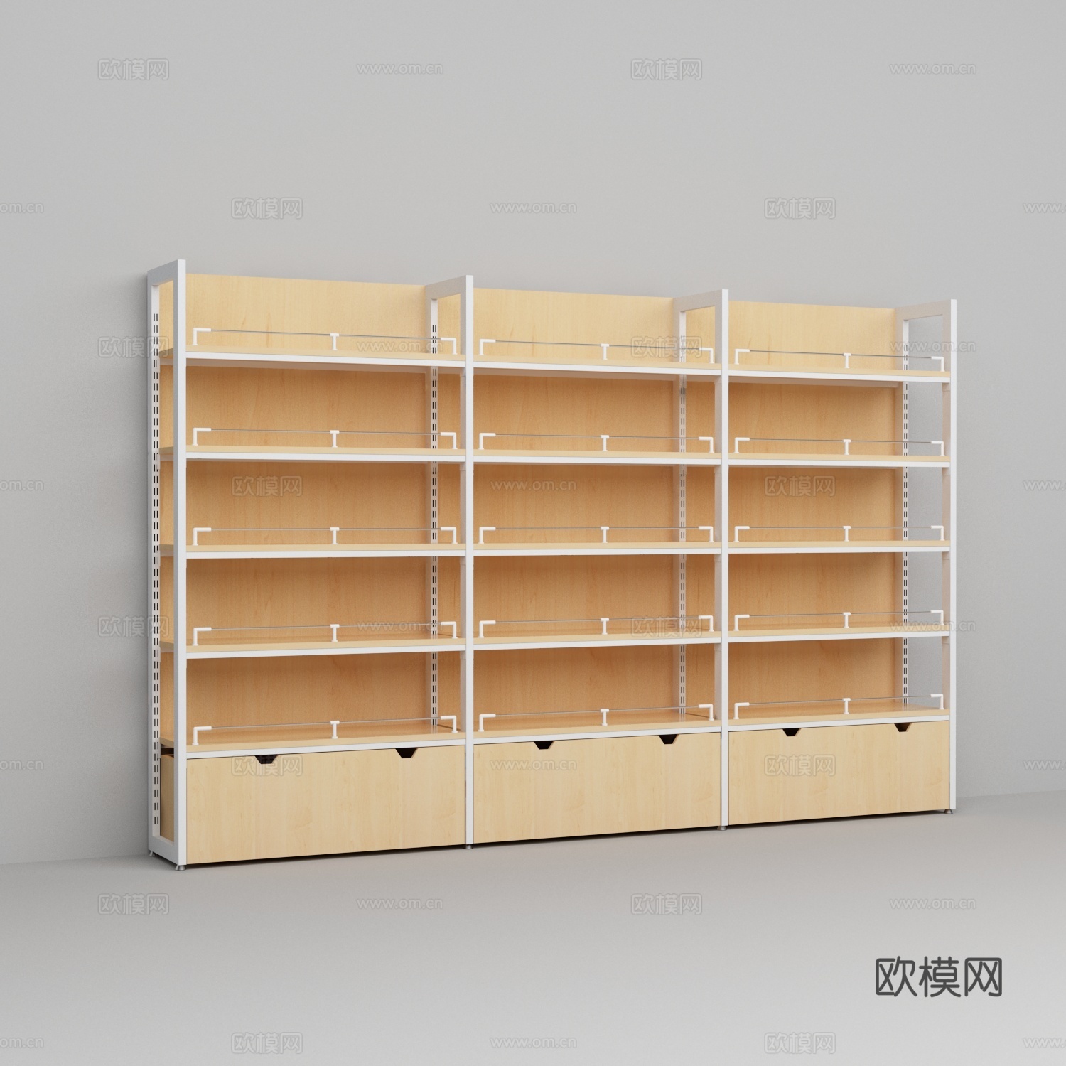超市便利店钢木结构外四柱木层板靠墙货架3d模型