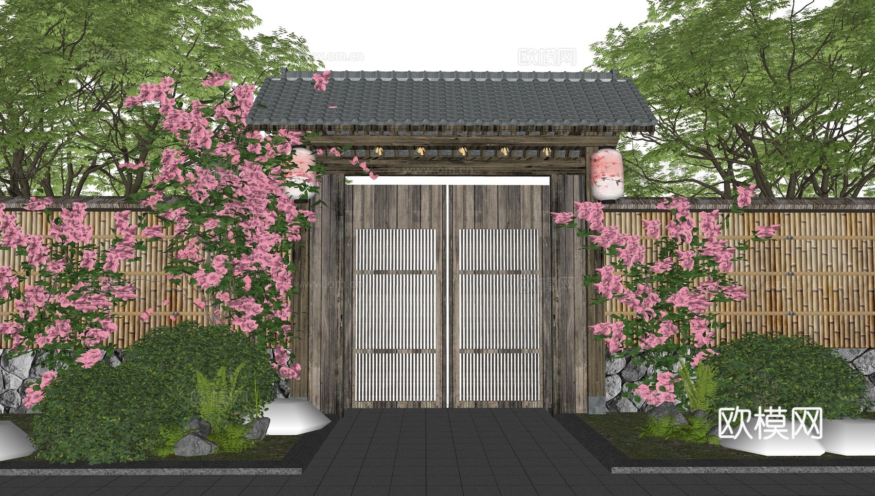 中式乡村庭院门 院门围墙 小柴门 民宿小院门 竹篱笆 藤蔓植su模型