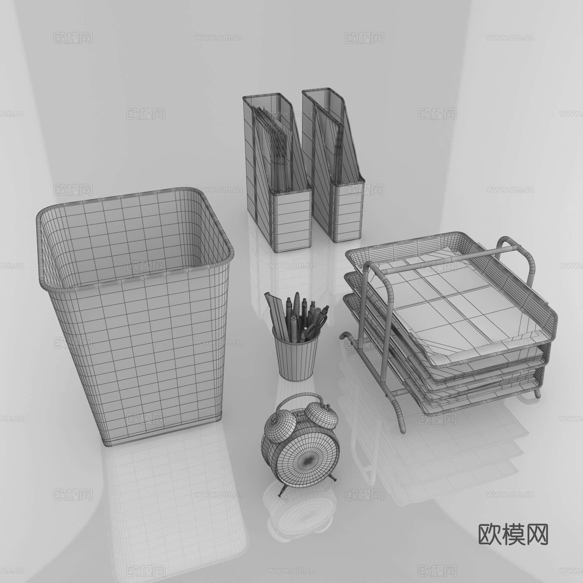 现代办公用品 纸篓垃圾桶文件夹笔尺子闹钟报纸组合3d模型