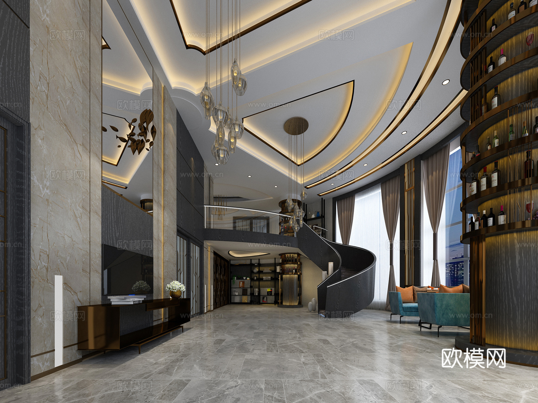 希拉谷红酒研究中心 现代奢华风格会客大厅 旋转楼梯 弧形窗户3d模型下载（渲染图1）