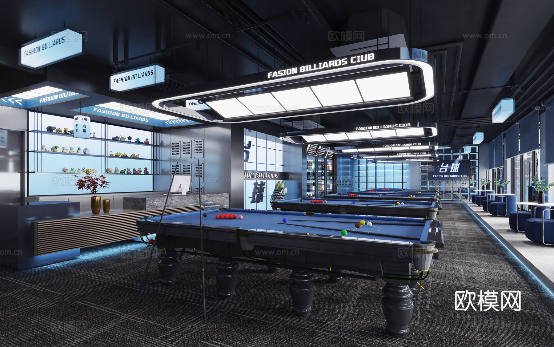 现代科技风格台球厅 台球俱乐部 风格台球室 工业loft台球3d模型