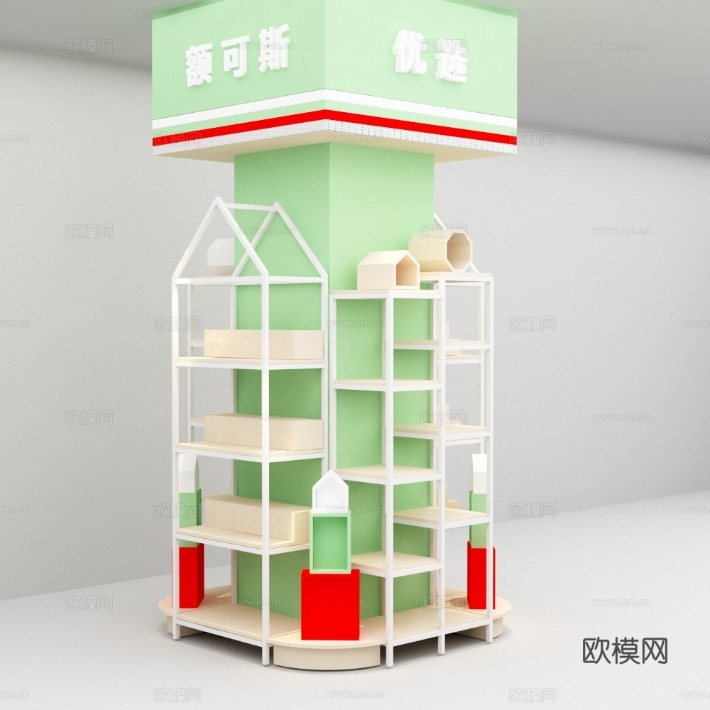 母婴店包柱子钢木结构商品展示货架3d模型