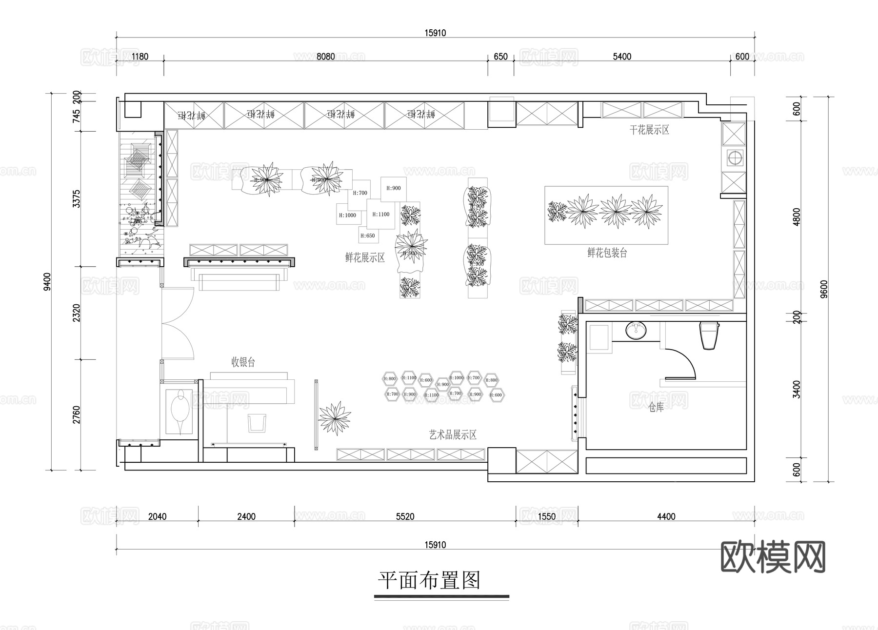 鲜花店平面布置图cad施工图
